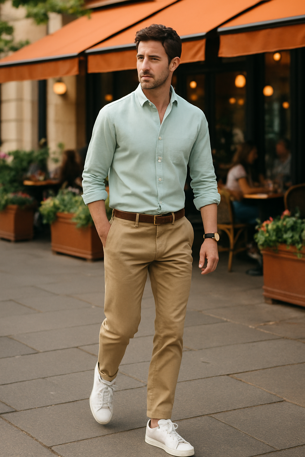 SKIPIKS AI 패션 화보 — casual, minimalist — 민트색 셔츠와 베이지 바지의 조합이 상쾌한 느낌을 주는 룩입니다. 화이트 스니커즈로 경쾌한 마무리를 하고 브라운 액세서리로 무게감을 더했어요. 