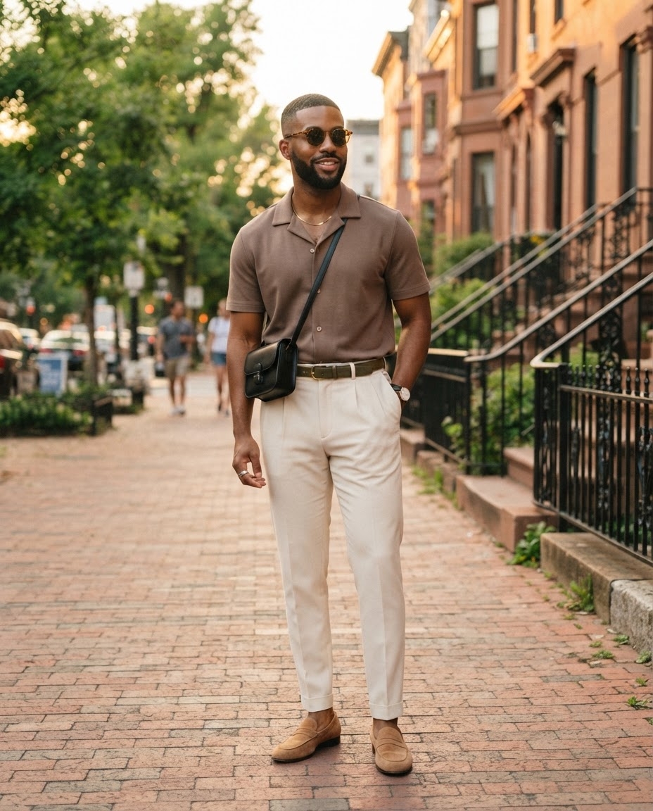 SKIPIKS AI 패션 화보 — minimalist, casual, preppy — 브라운 반소매 셔츠와 베이지 슬랙스로 여름의 감각적 미니멀룩을 완성했어요. 로퍼와 크로스백으로 스타일리시한 무드를 더해보세요. 데일리부터 데이트