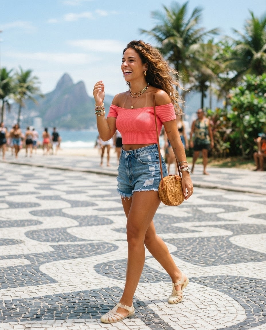SKIPIKS AI时尚大片 — beachwear, casual, boho — 我用珊瑚色的露肩上衣和牛仔短裤营造了活泼清新的氛围。搭配藤编斜挎包和带带凉鞋，增强度假气息。这个造型非常适合夏季海滩出游或咖啡馆约会。