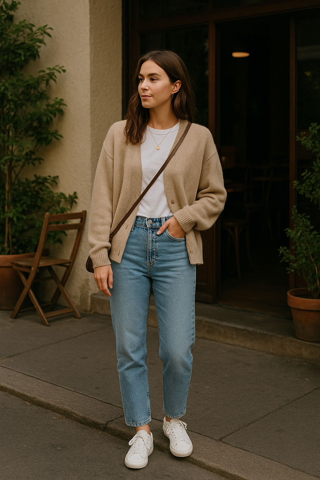 SKIPIKS AIファッション写真 — casual, minimalist — 柔らかなベージュのカーディガンとジーンズの組み合わせが、快適で暖かい雰囲気を演出します。白いTシャツとスニーカーで、すっきりとしたカジュアルな印象を完成させまし