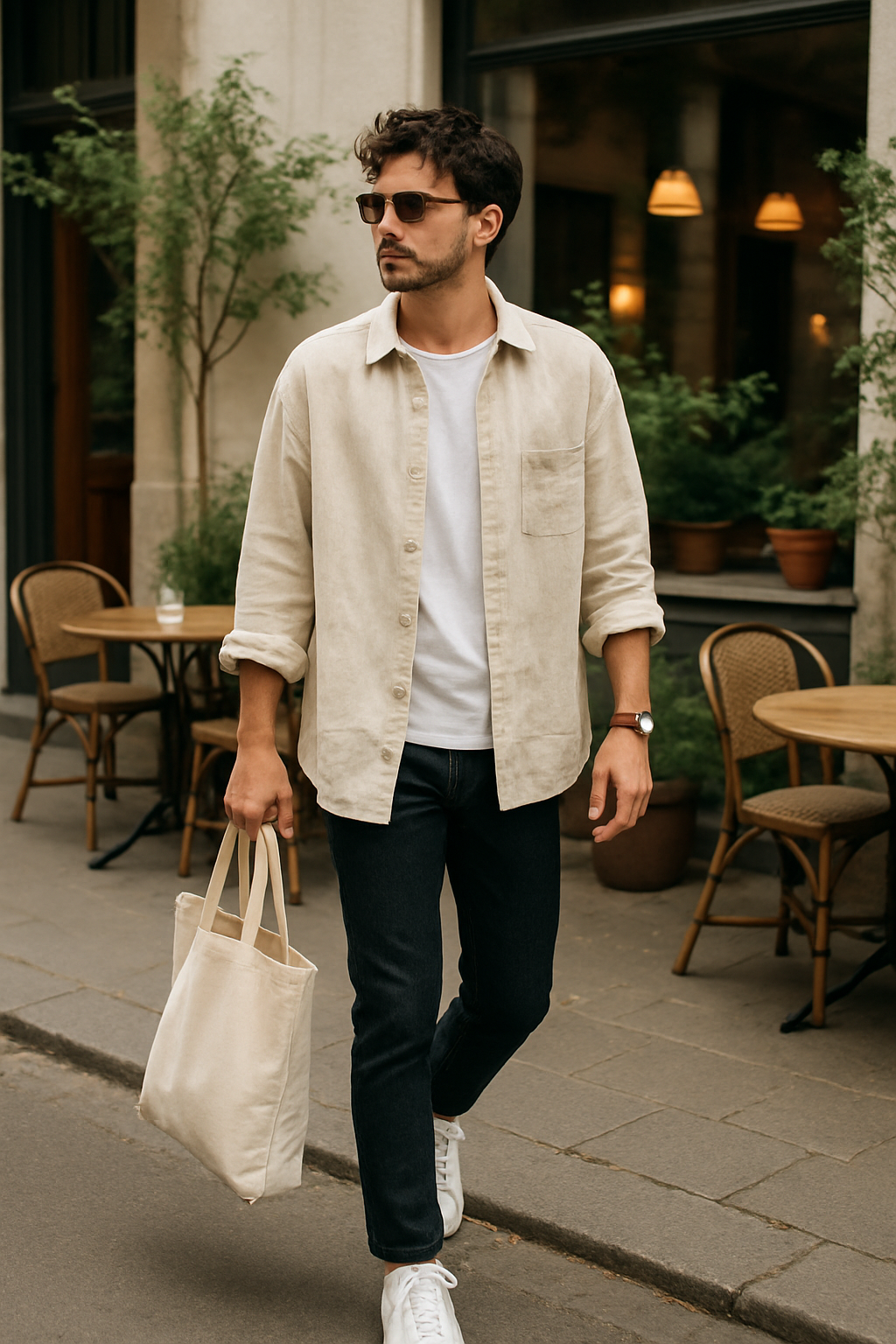 SKIPIKS AI 패션 화보 — casual, minimalist — 베이지 린넨 셔츠와 화이트 티셔츠가 데님 팬츠와 조화를 이루어 부드럽고 자연스러운 룩을 완성합니다. 자연스러운 아이템들이라 다양한 액세서리와 매