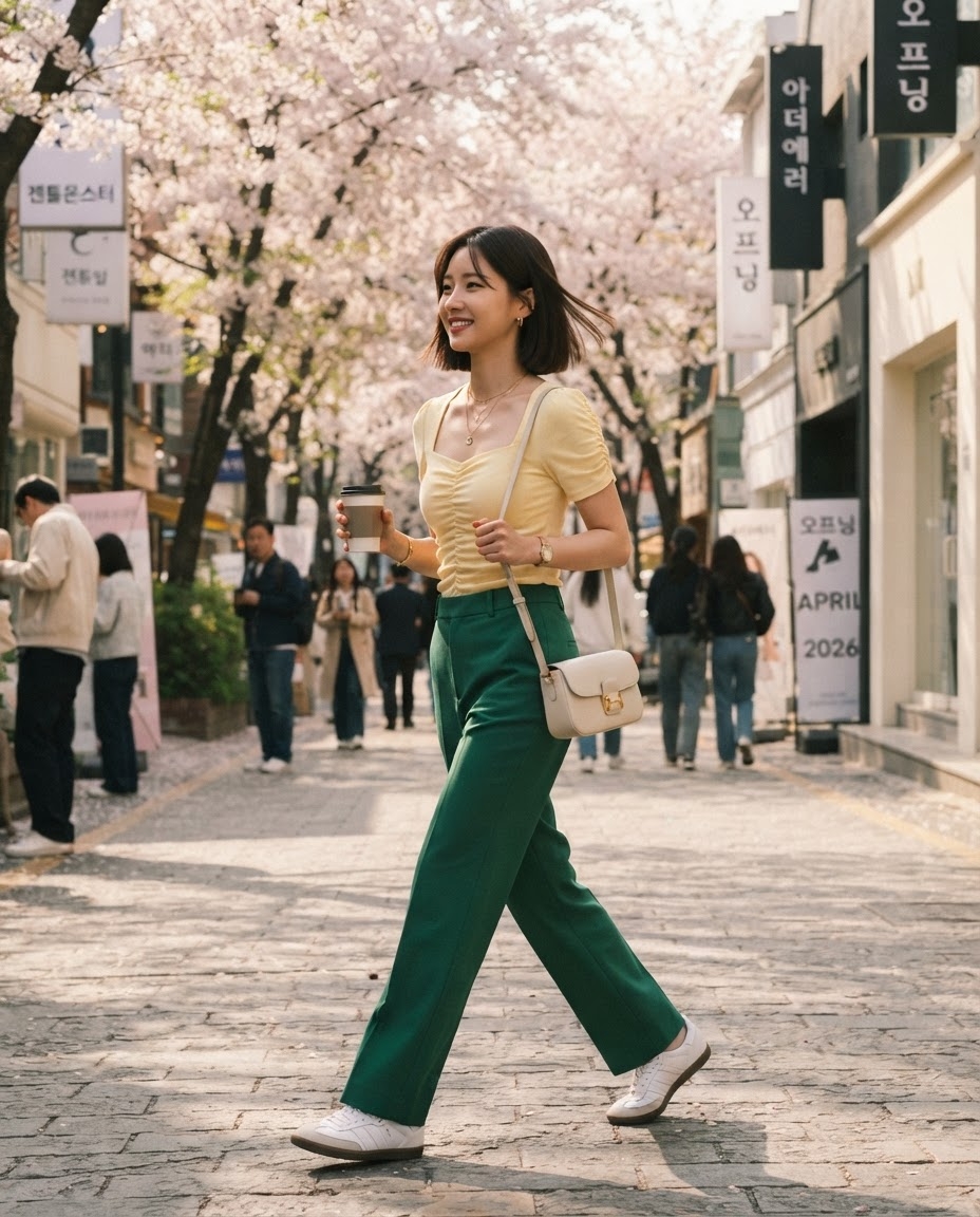 SKIPIKS AIファッション写真 — casual, colorful, trendy — 黄色のTシャツと緑のパンツが春の日の活気あるムードを引き立てる爽やかな色の組み合わせを作ります。ボリュームのあるパンツをカジュアルなスニーカーと合わせて、快適な