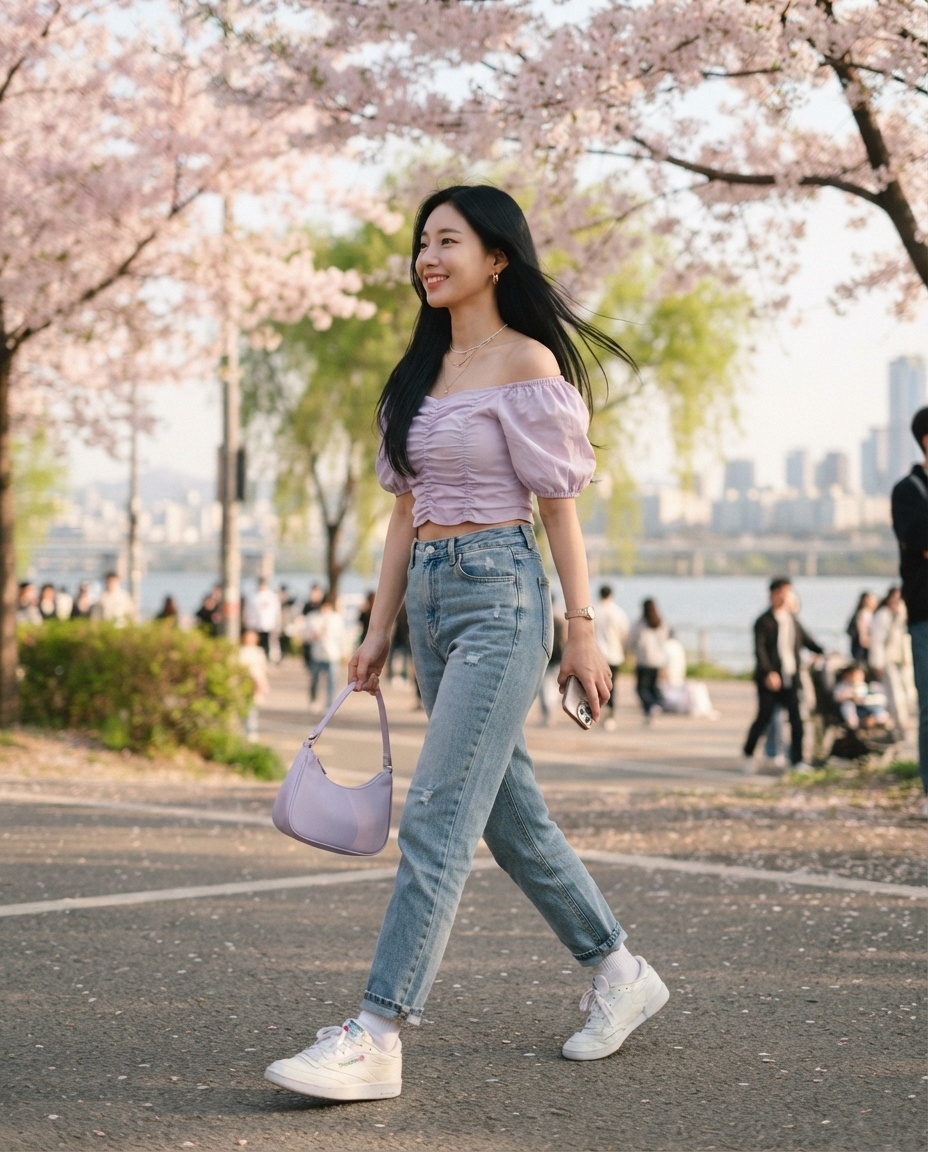 SKIPIKS AI时尚大片 — feminine, casual — 在樱花盛开的春日，搭配可爱的泡袖衬衫和牛仔裤的组合引人注目。简单的运动鞋增添了休闲气息，而淡紫色的单肩包则为造型增添了亮点。这种感觉非常适合周末约会或春游，别忘