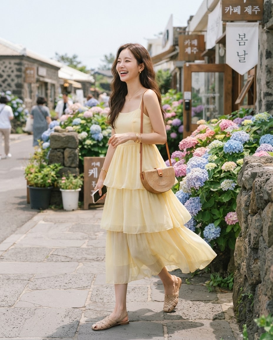 SKIPIKS AIファッション写真 — feminine, bohemian — 黄色のドレスは、暖かい夏の日の明るい雰囲気を引き立てます。ラタンのクロスボディバッグとベージュのサンダルを合わせて、自然な雰囲気をプラスしましょう。夏のデートや