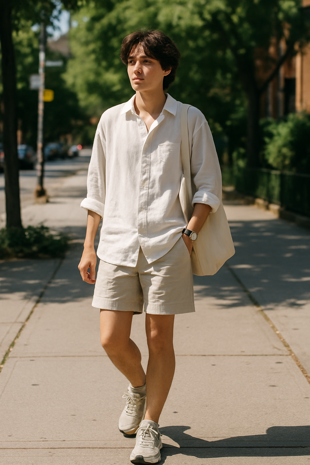 SKIPIKS AI fashion editorial — minimalist, casual — This style features a comfortable and relaxed ivory shirt paired with beige shor