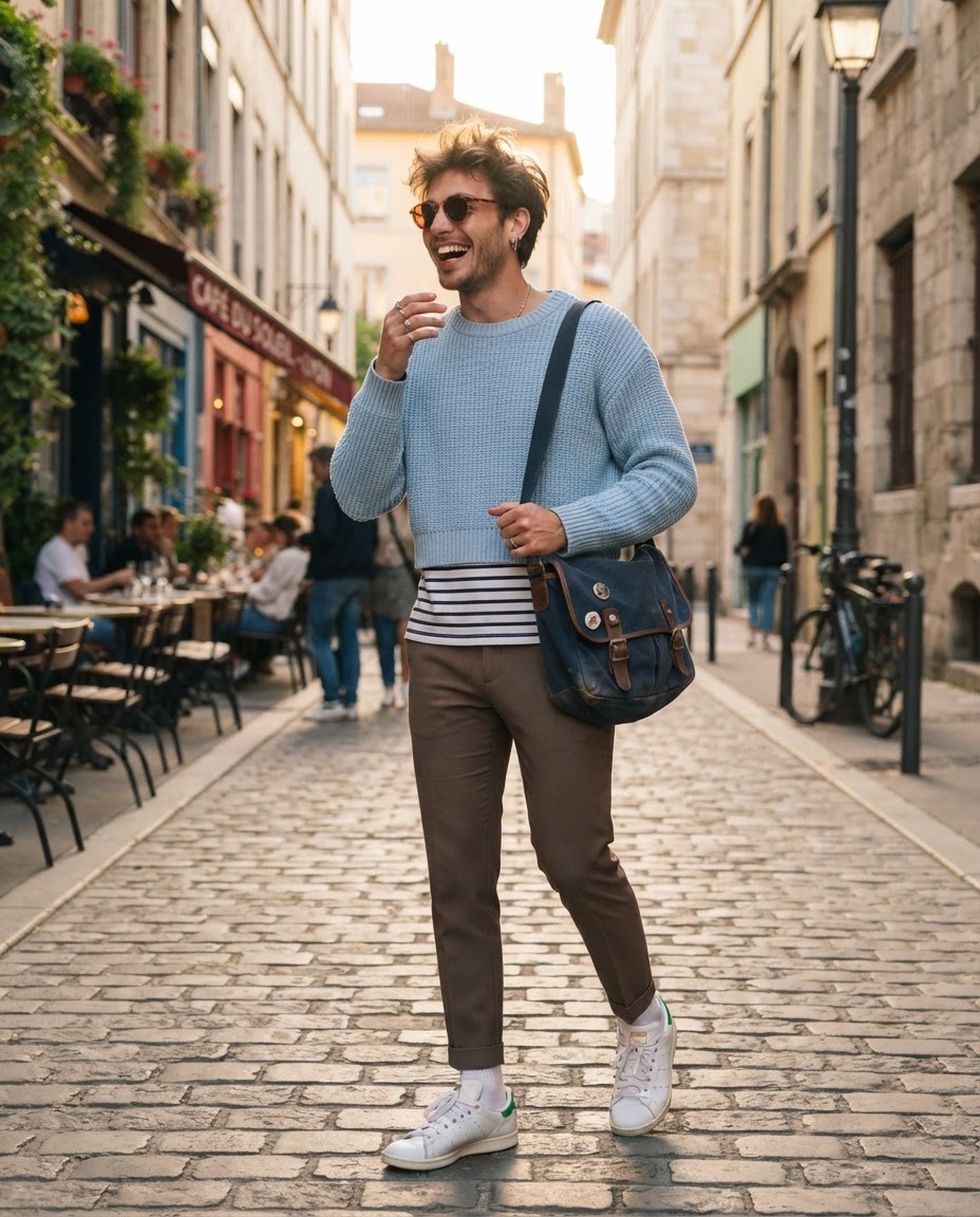 SKIPIKS AIファッション写真 — casual, chic — 空色のニットセーターとストライプTシャツの組み合わせが秋の爽やかな雰囲気を引き立てます。スリムなブラウンパンツとクラシックな白スニーカーを合わせて洗練されたカジ