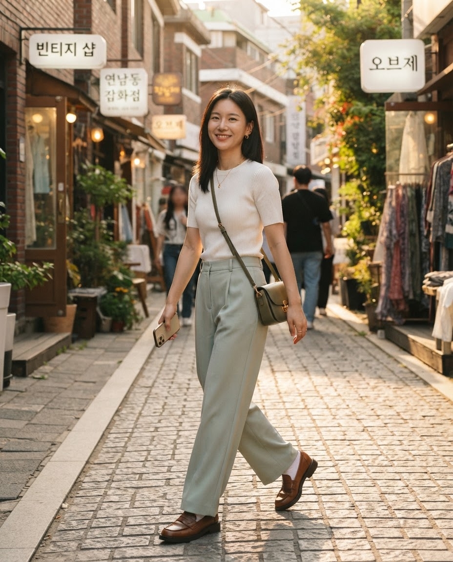 SKIPIKS AI 패션 화보 — casual, minimalist — 깔끔하고 세련된 분위기의 룩은 화이트 반소매 니트와 민트 컬러의 와이드 팬츠가 조화를 이룹니다. 머리부터 발끝까지 심플하지만 세련된 포인트를 완