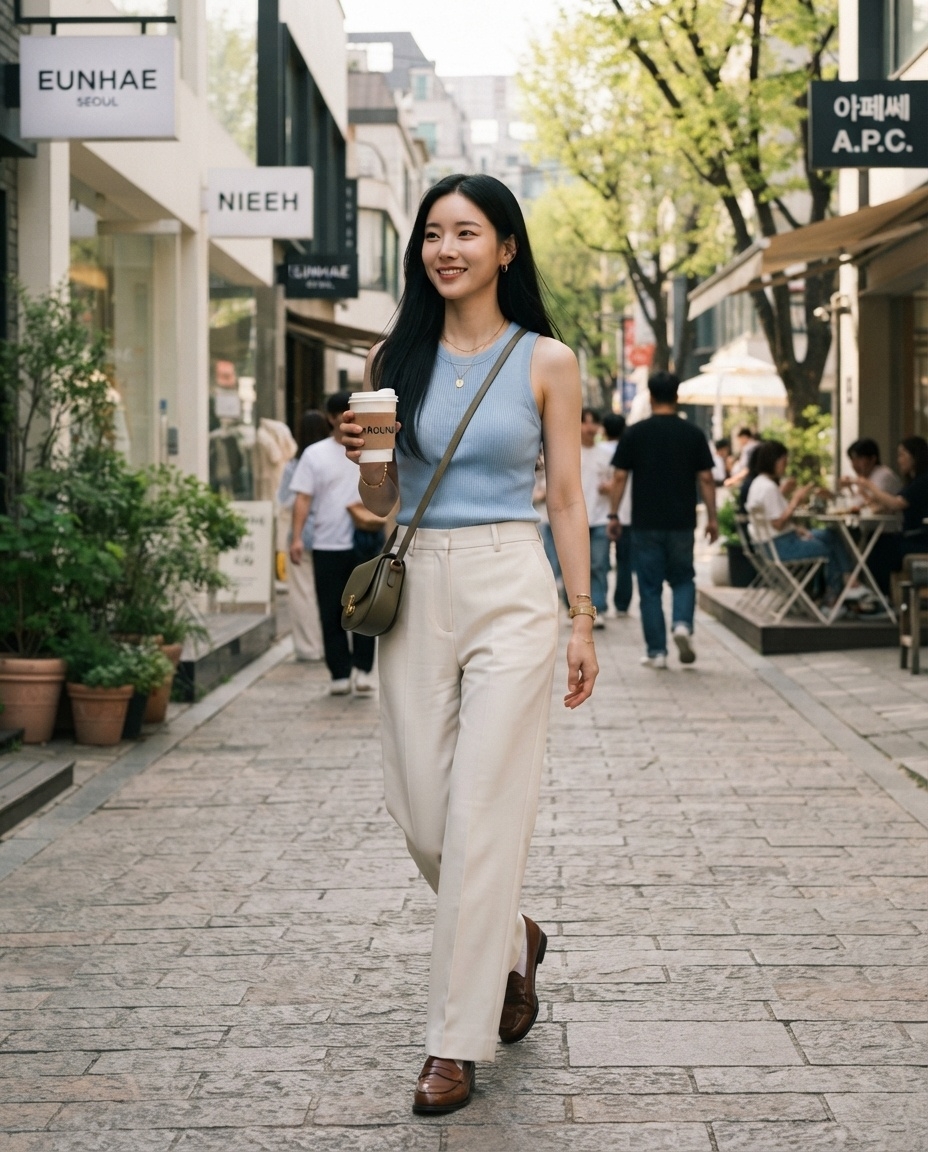 SKIPIKS AI时尚大片 — casual, minimalist, chic — 用天蓝色针织无袖上衣和象牙色裤子营造清新的夏日氛围。搭配卡其色斜挎包和棕色乐福鞋，增添精致感。这是日常穿搭和休闲约会装的完美选择。