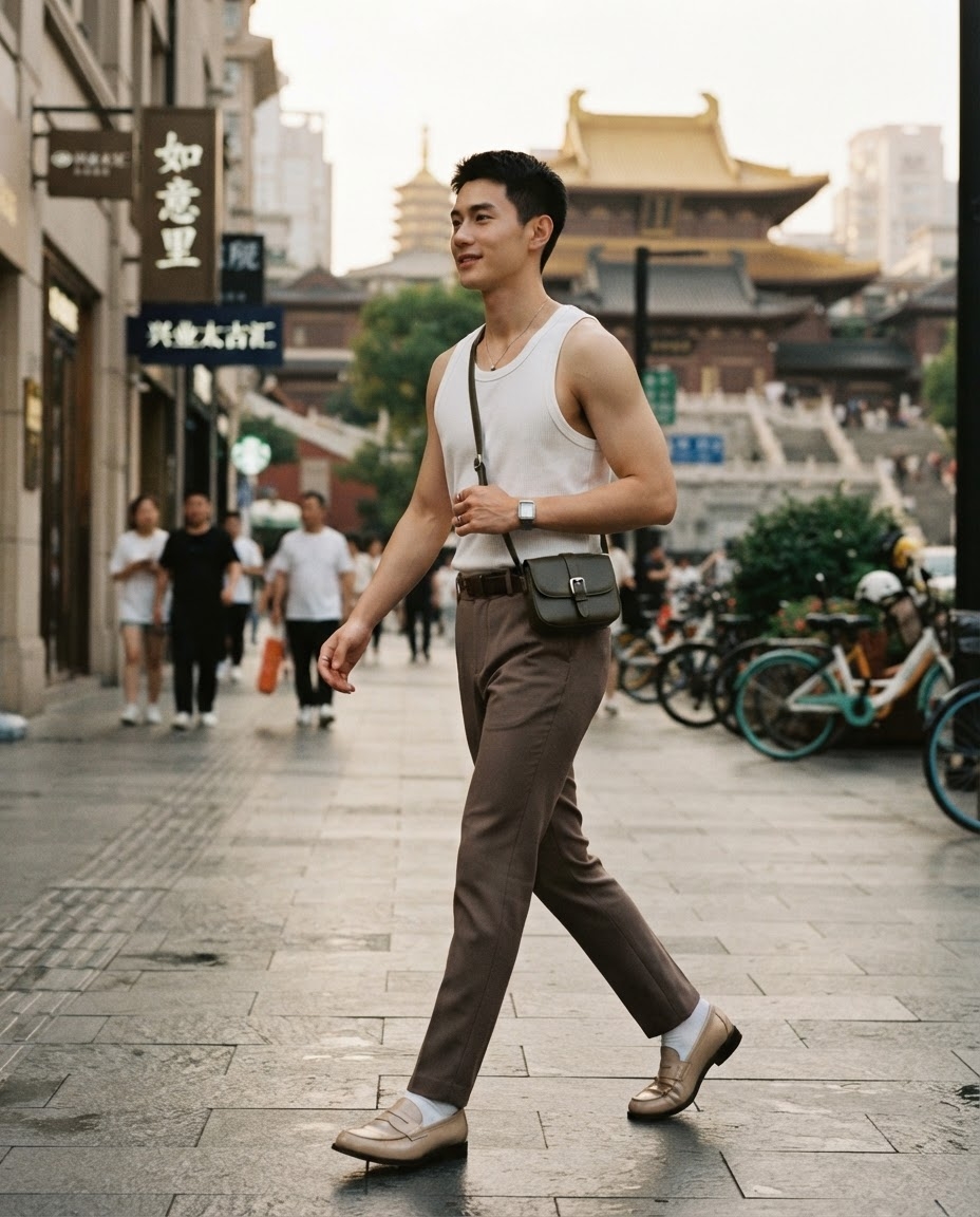 SKIPIKS AI fashion editorial — minimalist, smartcasual — A clean minimal look completed with a white sleeveless tee and brown slacks. Add