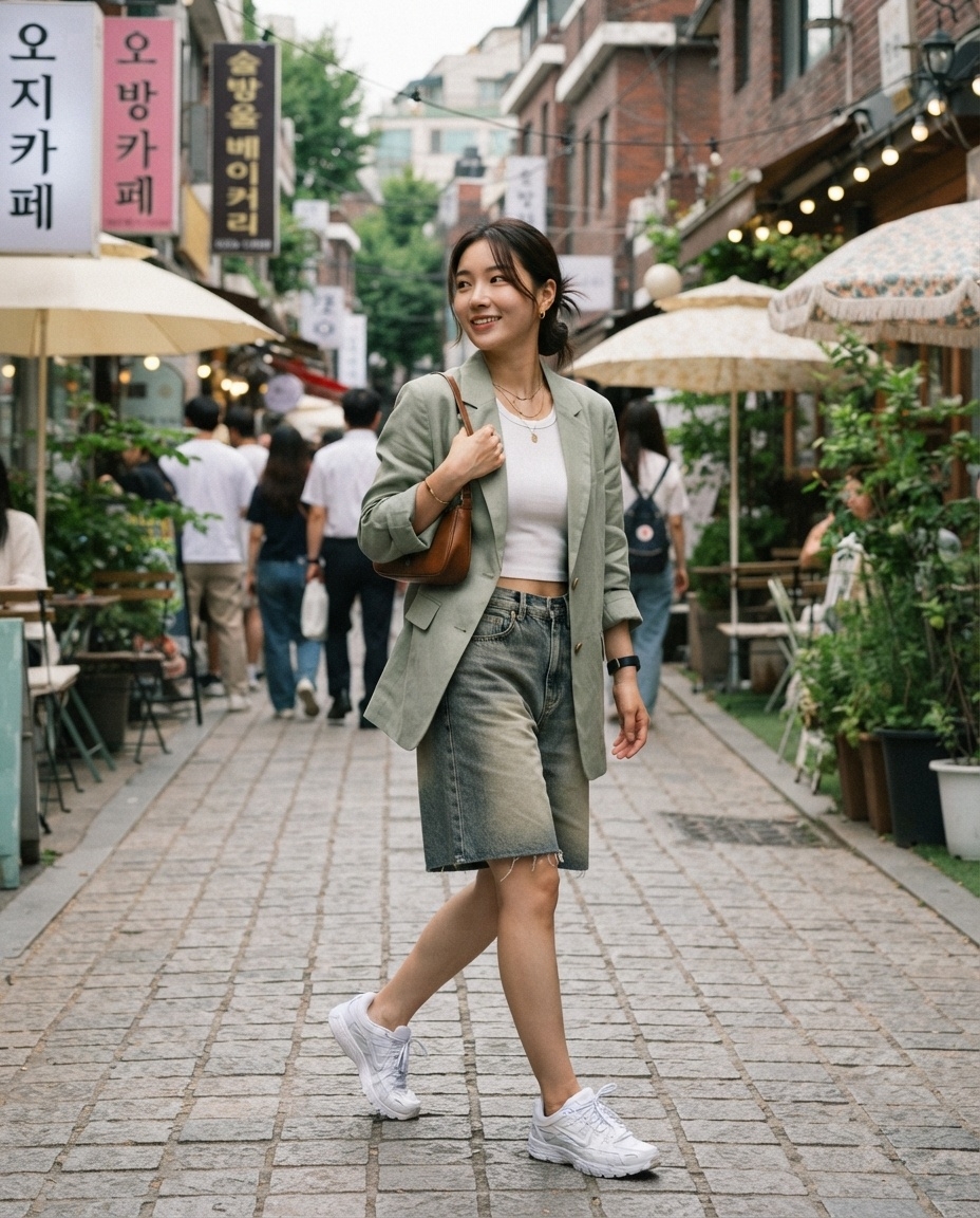 SKIPIKS AIファッション写真 — casual, vintage, feminine — 夏のヴィンテージムードを完成させるために、薄緑のブレザーとデニムショーツの組み合わせを楽しんでください。白のタンクトップをレイヤードして爽やかで明るい印象を与え