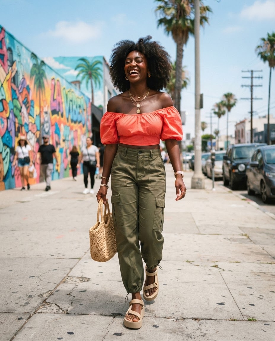 SKIPIKS AI fashion editorial — streetwear, casual — Pair a vibrant orange crop top with khaki cargo pants for a lively and upbeat lo