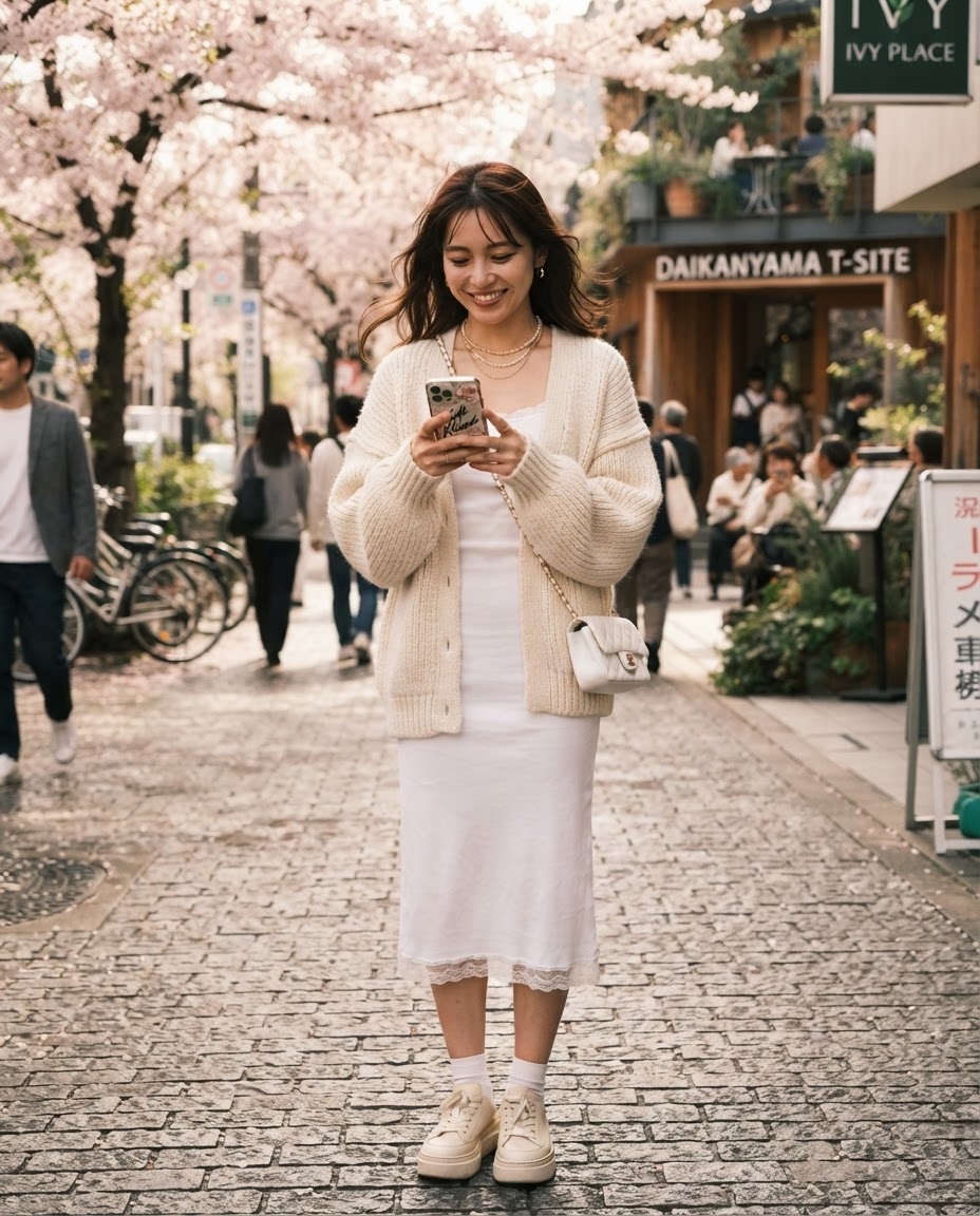 SKIPIKS AI 패션 화보 — feminine, minimalist, romantic — 이 룩은 봄날의 로맨틱한 무드를 살린 페미닌 스타일입니다. 베이지 컬러의 니트 가디건과 화이트 미디 드레스가 따뜻하면서도 깨끗한 느낌을 줍니다.