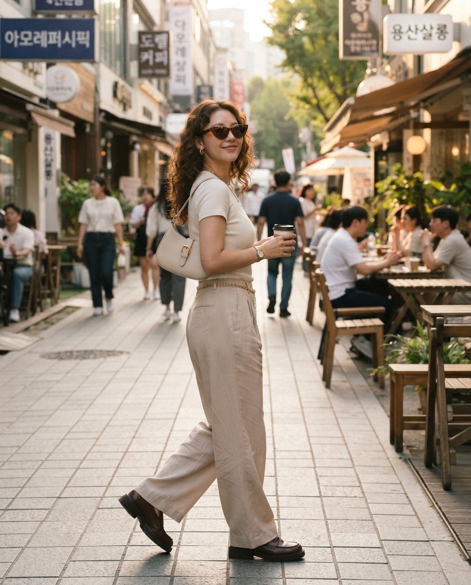 SKIPIKS AI时尚大片 — casual, minimalist — 柔和的米色调组合完成了优雅的夏季休闲造型。搭配米色短袖T恤和宽松裤，展现出沉稳而舒适的轮廓。白色单肩包和金色配饰成为亮点，完美适合日常搭配。