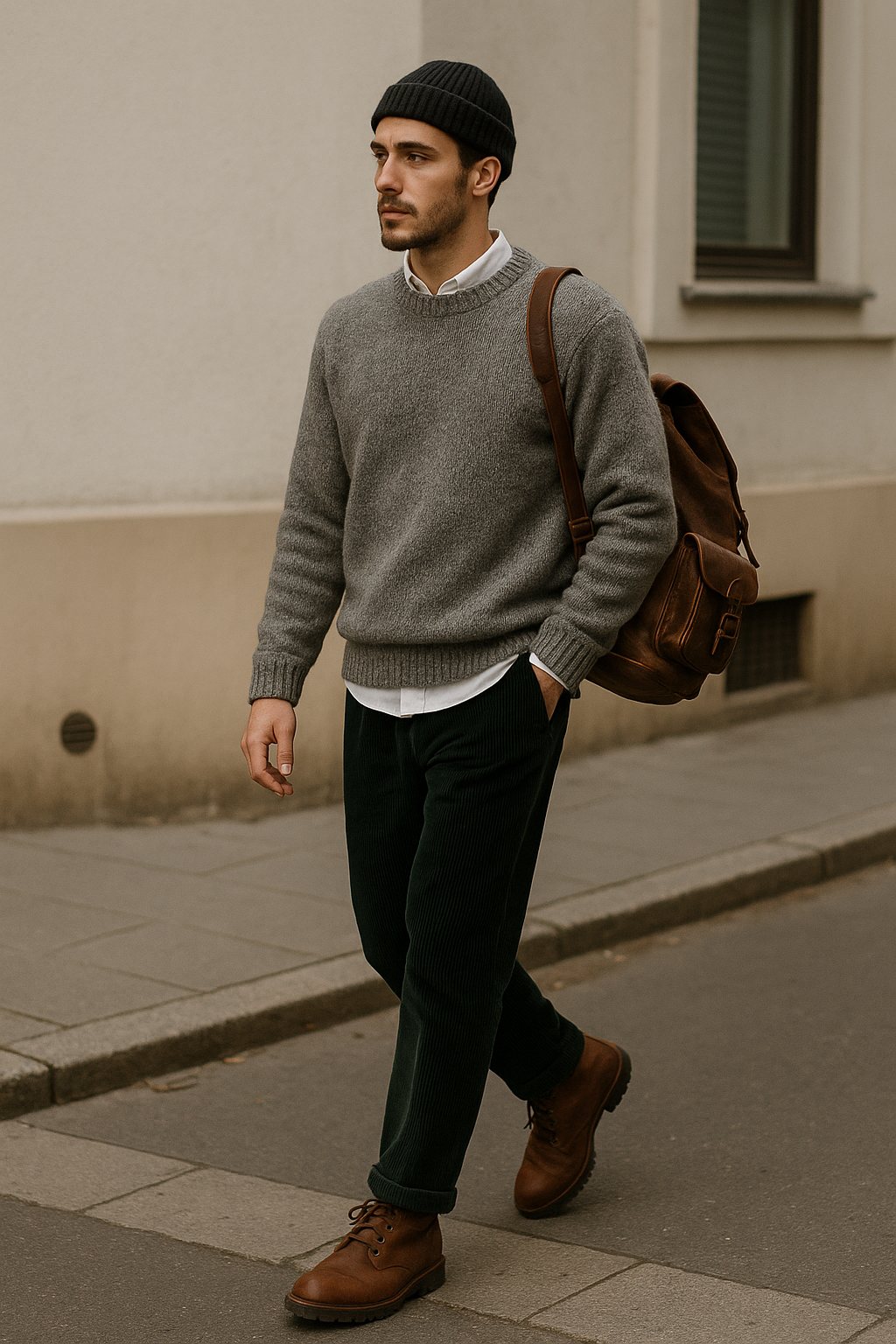 SKIPIKS AI 패션 화보 — casual, layered — 이 룩은 차분한 회색 니트 스웨터와 어두운 녹색의 코듀로이 바지가 만들어내는 따뜻한 가을 무드를 선사합니다. 베이직한 비니와 가죽 가방으로 스타