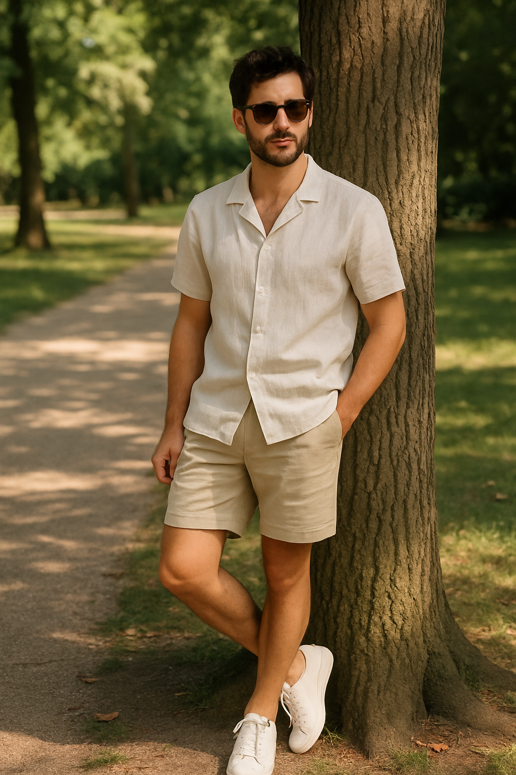 SKIPIKS AI 패션 화보 — minimalist, casual, summer — 크림색 린넨 셔츠와 베이지 쇼츠로 여름철 시원한 무드를 완성했습니다. 캐주얼한 화이트 스니커즈와 선글라스를 매치해 스타일에 활기를 더해보세요. 