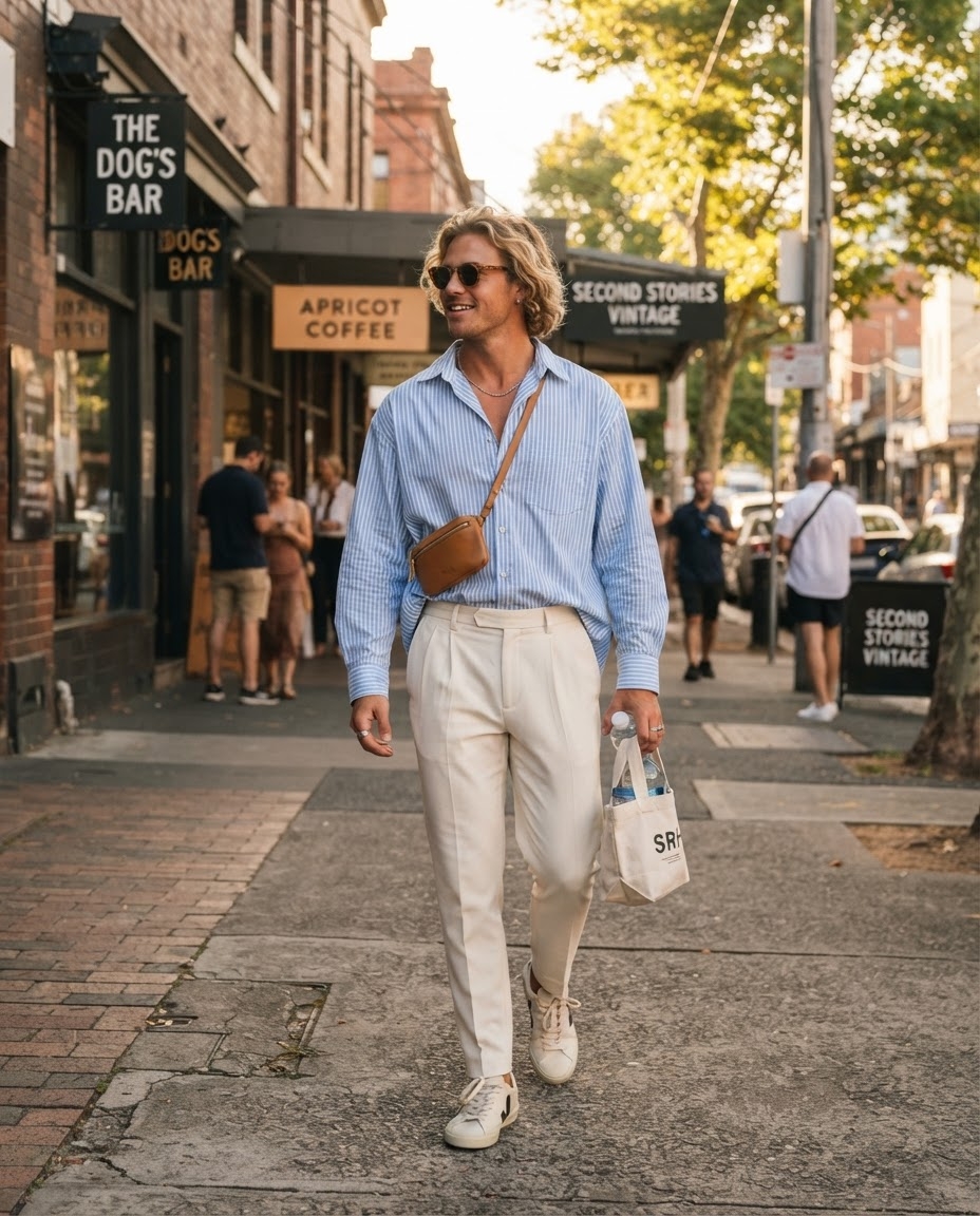 SKIPIKS AI fashion editorial — casual, smart — Complete a stylish casual look for summer with a cool sky-blue striped shirt and