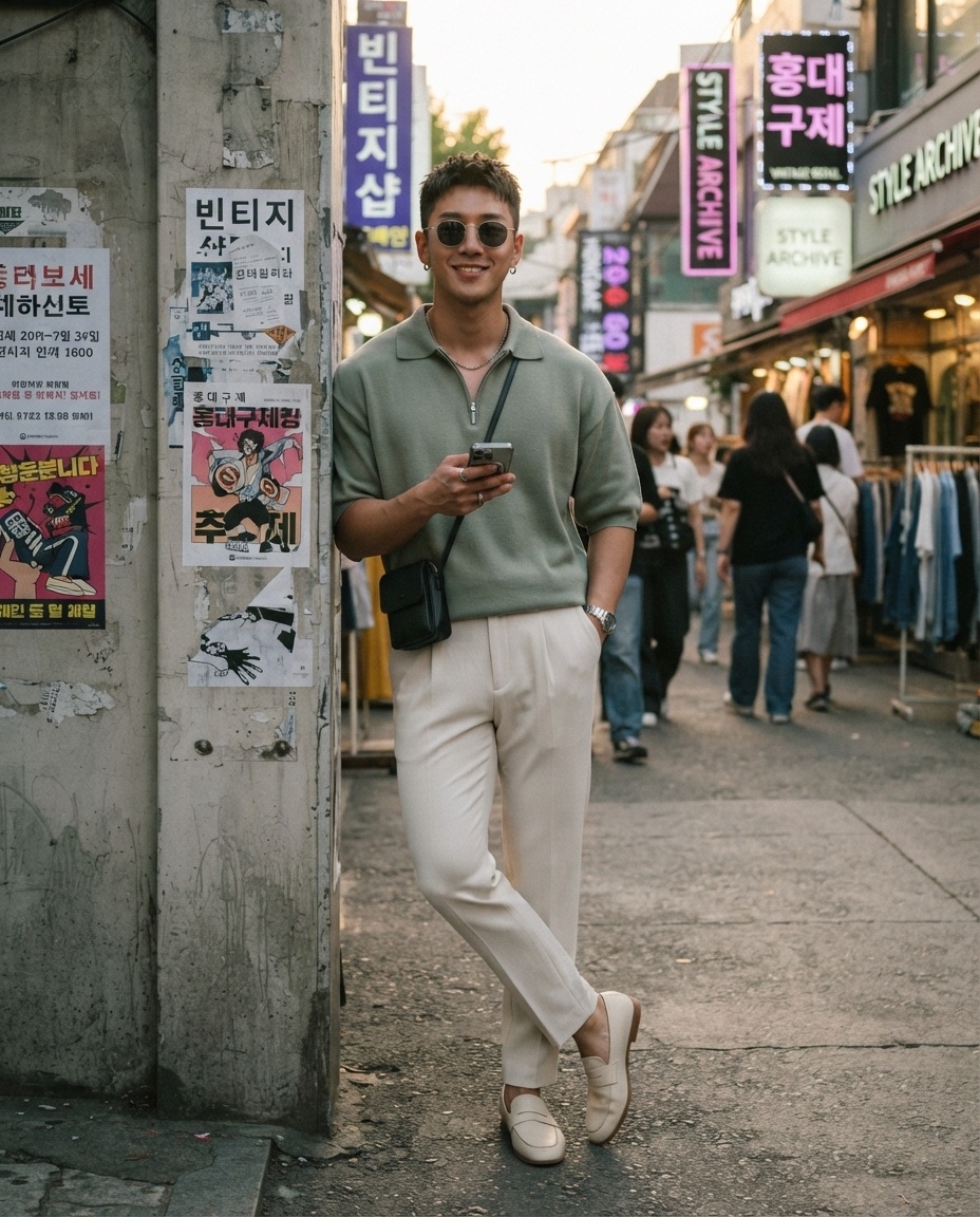 SKIPIKS AIファッション写真 — minimalist, smartcasual — カーキのポロシャツとベージュのスラックスの調和が洗練された雰囲気を引き立てるルックです。クリーンなシルエットを生かすアイテムでスマートカジュアルスタイルを完成さ