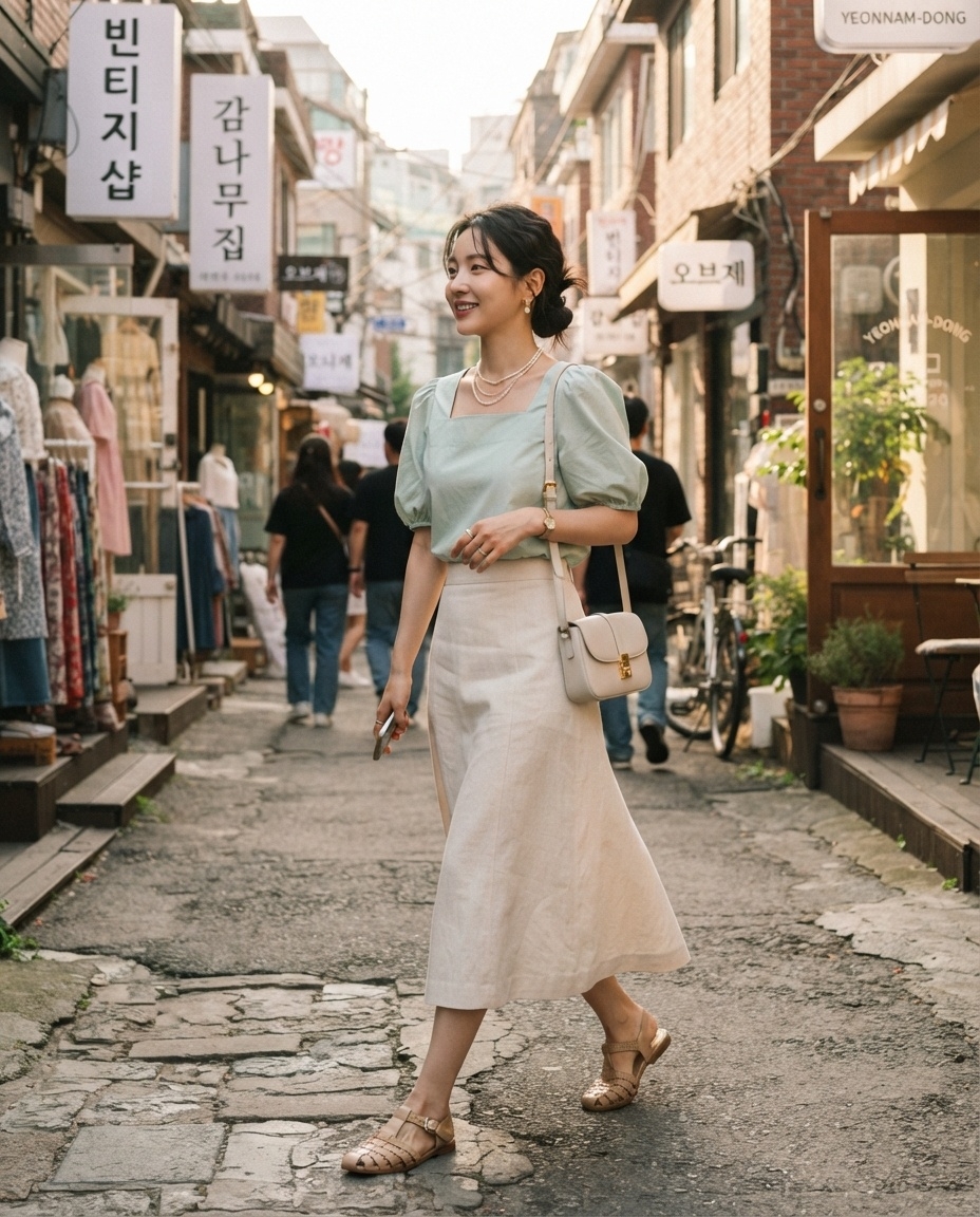 SKIPIKS AIファッション写真 — feminine, vintage, casual — ミント色のパフブラウスとクリーム色のロングスカートを組み合わせて、清楚で柔らかなムードを演出しましょう。ネックレスを加えてエレガントさをプラスできます。夏のデイ