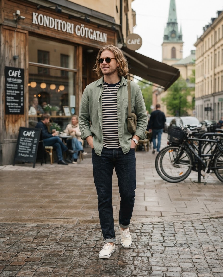 SKIPIKS AIファッション写真 — casual, minimalist — オリーブグリーンのシャツジャケットとストライプTシャツを組み合わせて、リラックスした洗練されたムードを演出しましょう。濃紺のデニムパンツとベージュのスニーカーで