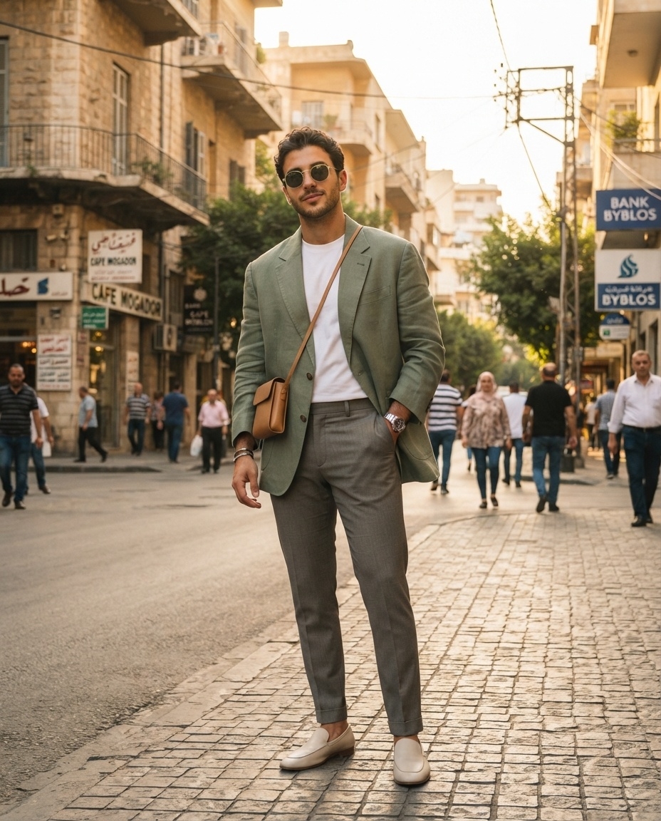 SKIPIKS AI fashion editorial — minimalist, smart_casual, chic — The calm green blazer paired with gray slacks creates a clean yet luxurious vibe