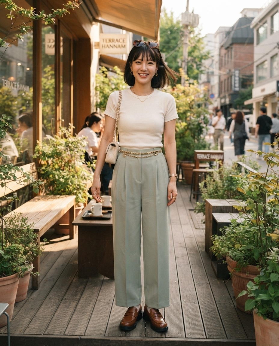 SKIPIKS AI 패션 화보 — minimalist, chic, casual — 깔끔한 화이트 티셔츠와 민트 와이드 팬츠가 청량한 무드를 자아내는 스타일입니다. 브라운 로퍼와 골드 벨트 체인으로 세련미를 더해보세요. 여름철 