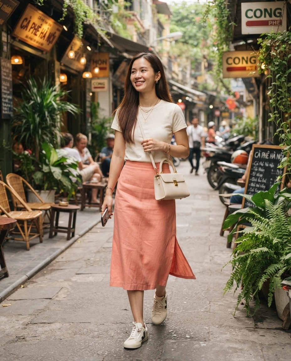 SKIPIKS AIファッション写真 — casual, chic — ベージュとコーラルの柔らかな組み合わせが目を引く、夏の日の快適なカジュアルルックです。ロングスカートとスニーカーを組み合わせて、快適さとスタイルを両立させるコー