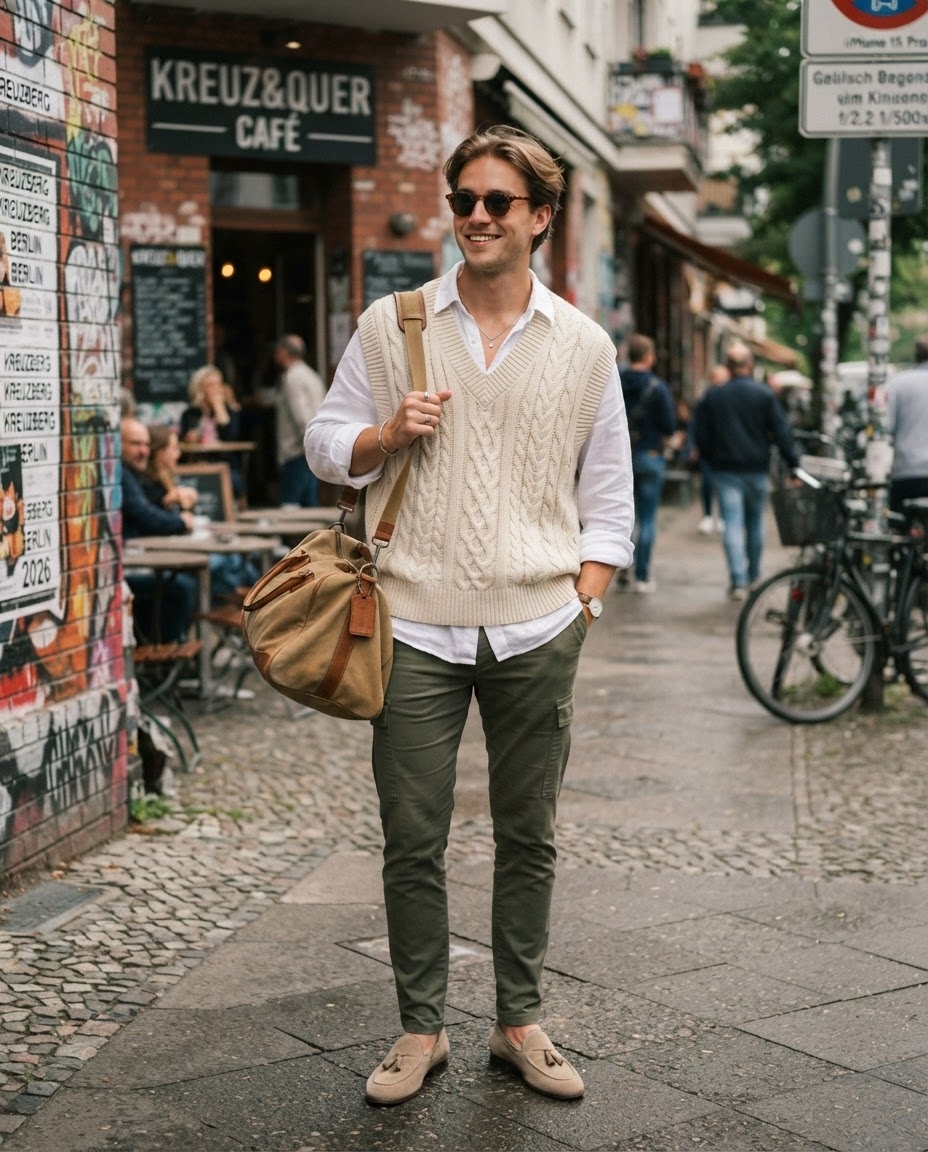 SKIPIKS AIファッション写真 — smartcasual, preppy — クリーム色のニットベストと白シャツの組み合わせは、洗練されながらも快適な印象を与えます。カーキのカーゴパンツを選ぶことで動きやすさが増し、ベージュのローファーが