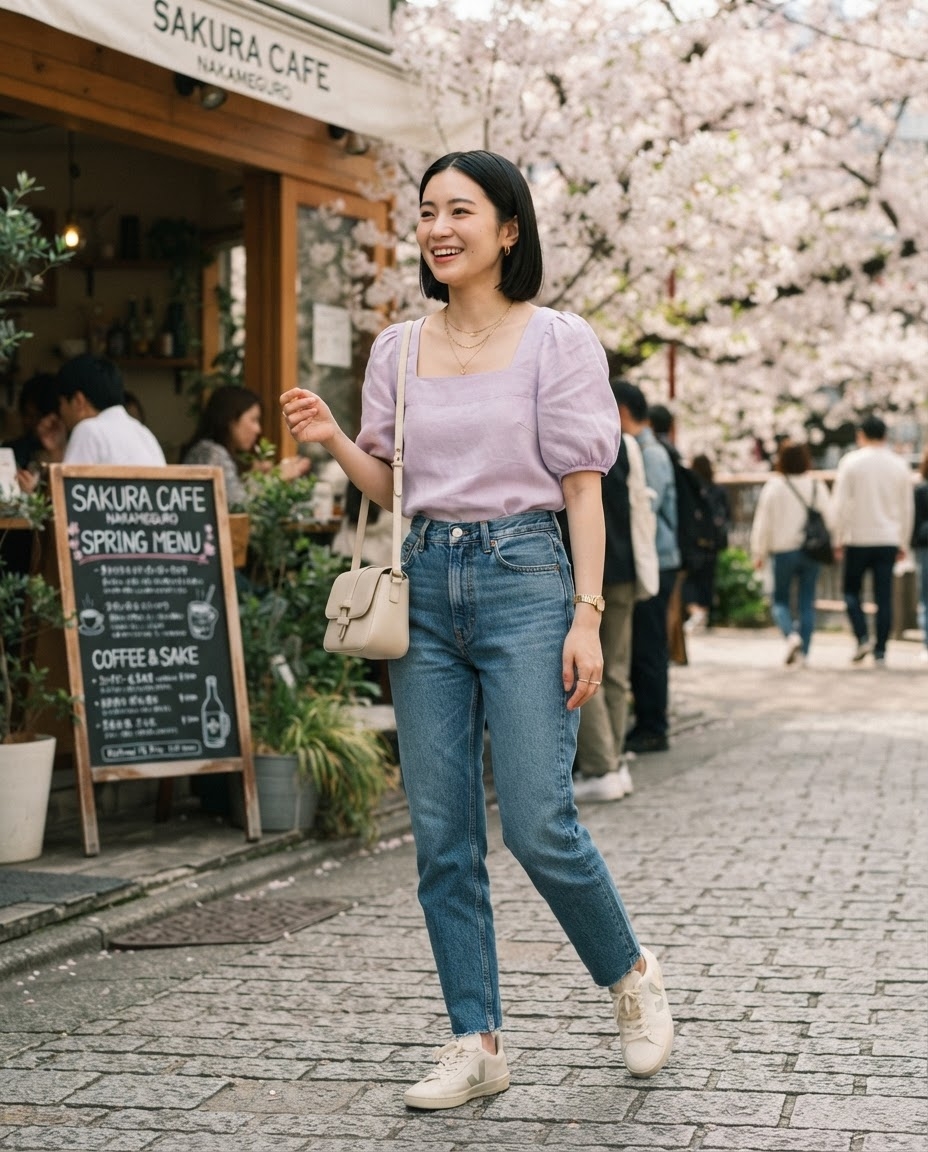SKIPIKS AI 패션 화보 — feminine, casual, minimalist — 연보라색 퍼프 소매 블라우스와 청바지의 조화가 봄날의 캐주얼하지만 여성스러운 무드를 연출해요. 베이지색 숄더백과 운동화로 편안함과 색감의 균형을
