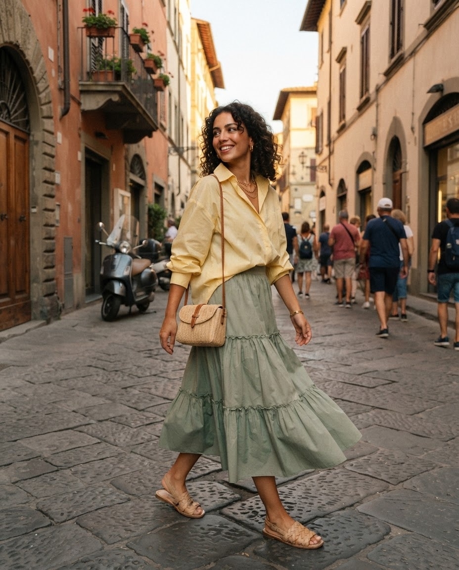 SKIPIKS AIファッション写真 — casual, feminine — 明るいイエローのシャツとカーキのフレアスカートで生き生きとしたスタイルを完成させましょう。服の柔らかな色合いとラタンのクロスバッグが調和し、軽快な雰囲気を演出し