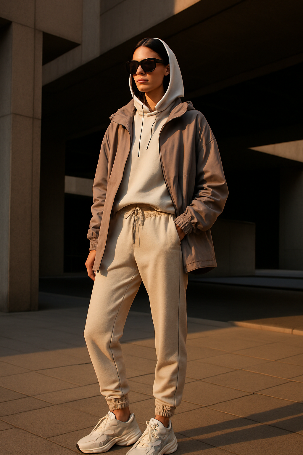 SKIPIKS AI 패션 화보 — casual, streetwear — 편안하면서도 세련된 무드를 자아내는 브라운 재킷과 크림색 조거 팬츠의 조합입니다. 여기에 운동화를 더해 활동성을 강조하면서도 선글라스로 스타일을
