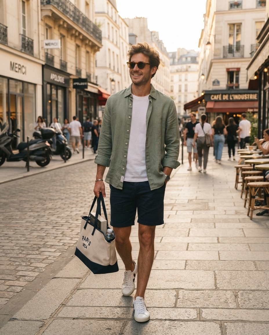 SKIPIKS AIファッション写真 — smartcasual, urban, relaxed — 爽やかな緑のシャツと白いTシャツの組み合わせが、クリーンで新鮮な印象を与えます。ネイビーのショートパンツと白いスニーカーが快適さを強調し、アイボリーのショッパー