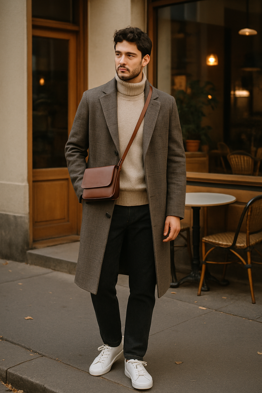 SKIPIKS AI fashion editorial — minimalist, classic — The brown coat and beige turtleneck sweater create a warm and classic mood. Fini