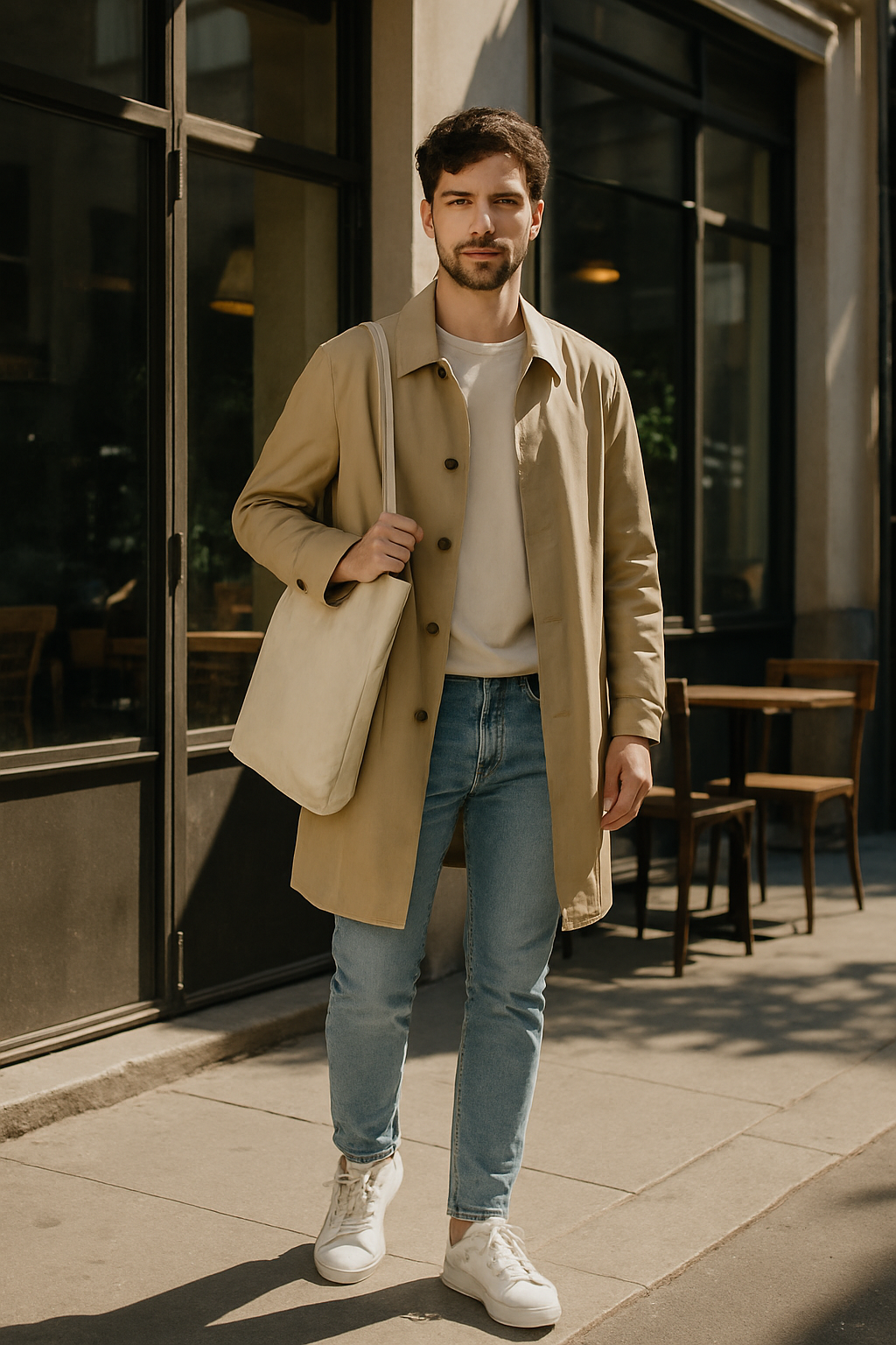 SKIPIKS AI 패션 화보 — minimalist, casual — 베이지 트렌치코트와 심플한 화이트 티셔츠의 조화가 돋보이는 미니멀한 룩입니다. 청바지와 화이트 스니커즈로 캐주얼함을 더했고, 크림 컬러의 토트백