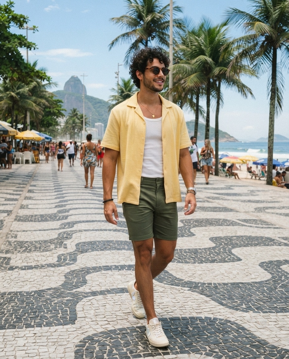 SKIPIKS AI 패션 화보 — casual, beachwear — 시원한 노란색 셔츠와 흰색 탱크탑 조합이 여름의 활기찬 무드를 연출해줍니다. 카키색 반바지와 흰색 운동화로 가볍고 활동적인 룩을 완성해보세요. 