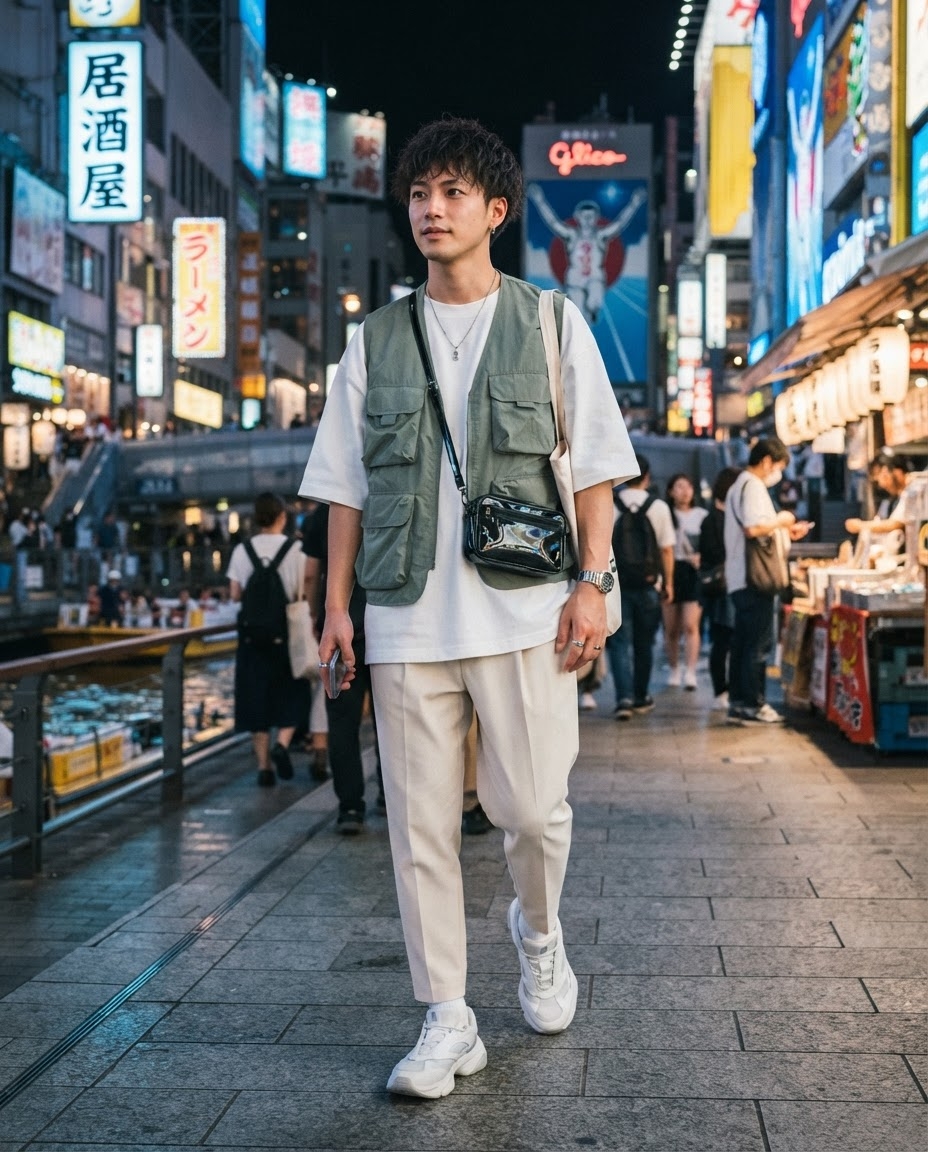 SKIPIKS AI fashion editorial — streetwear, casual, urban — This street look showcases a casual yet sophisticated vibe. The khaki vest and b
