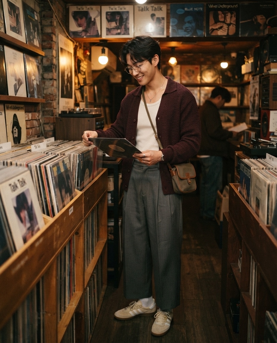 SKIPIKS AI fashion editorial — vintage, casual — Create a classic yet sophisticated look with a warm burgundy cardigan and gray s