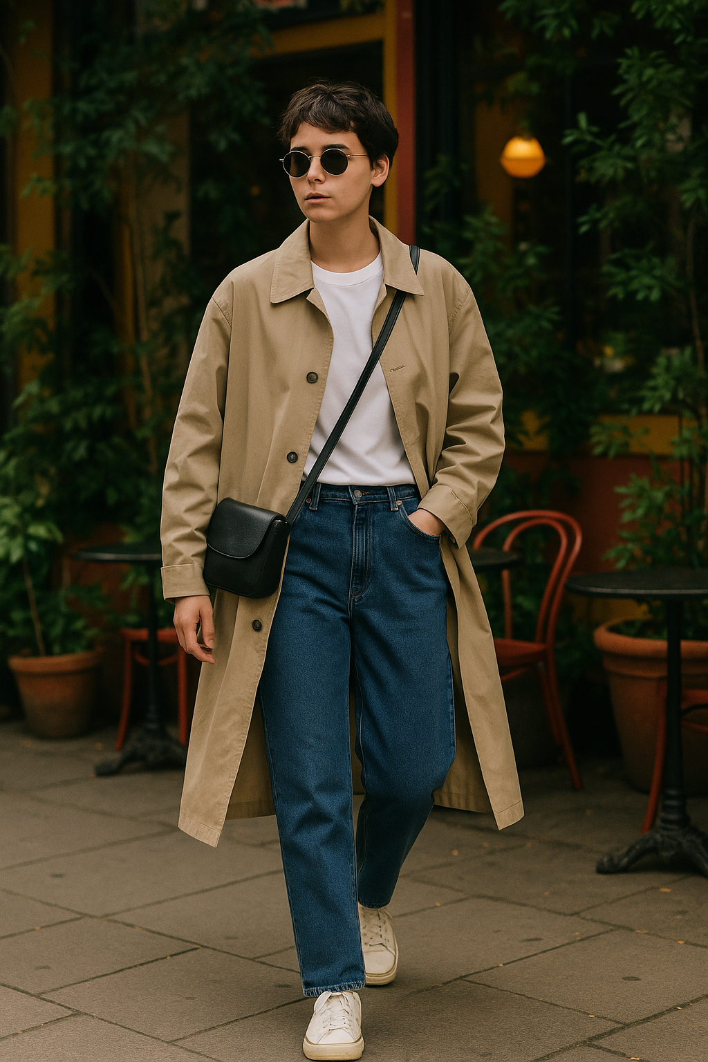 SKIPIKS AI fashion editorial — minimalist, streetwear — This chic autumn look features a beige trench coat paired harmoniously with jean