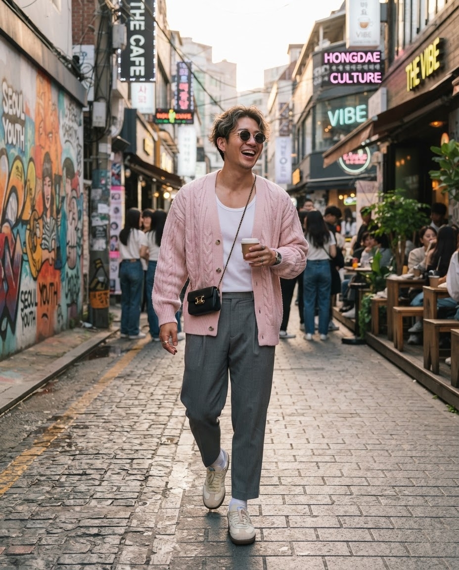 SKIPIKS AIファッション写真 — casual, streetwear — ピンクのカーディガンがポイントのカジュアルなストリートスタイルで、柔らかな色合いと快適なシルエットが調和しています。グレーのスラックスとホワイトスニーカーでクリ