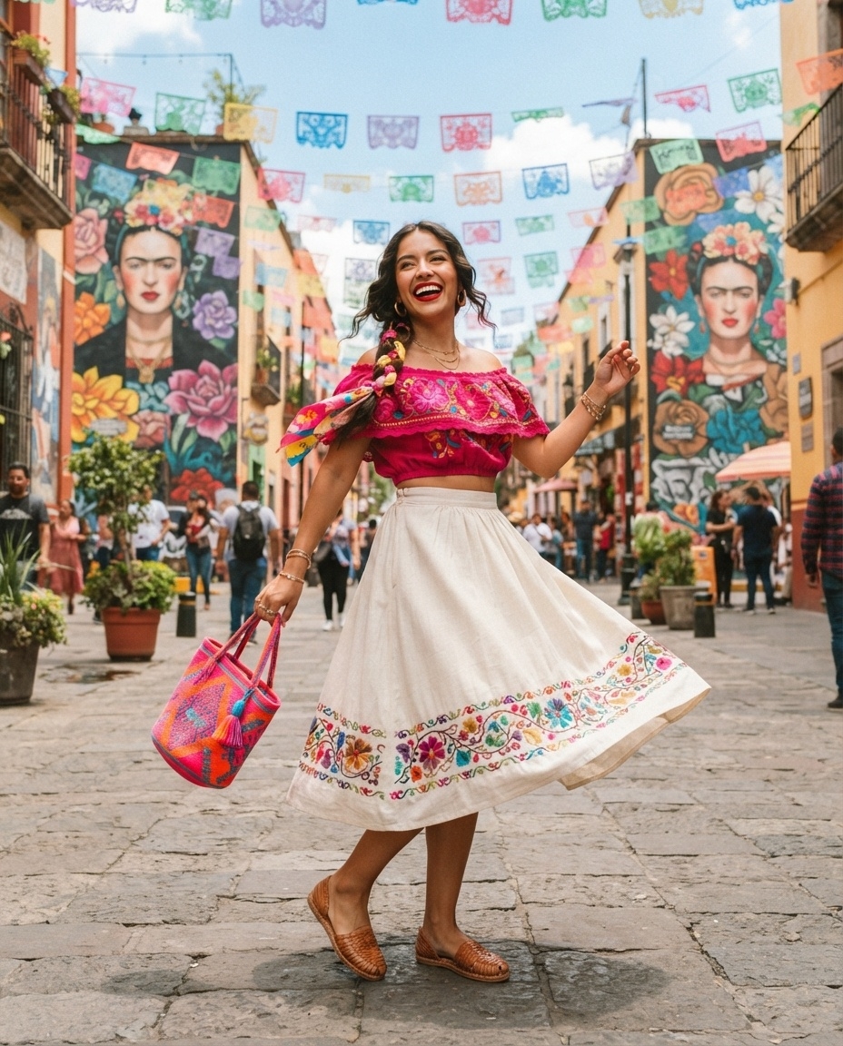 SKIPIKS AI 패션 화보 — bohemian, vibrant, festival — 화려한 색감과 러플 디테일이 돋보이는 오프숄더 블라우스가 시선을 사로잡아요. 보헤미안 감성을 자아내는 자수 스커트와 컬러풀한 핸드백을 매치하면 