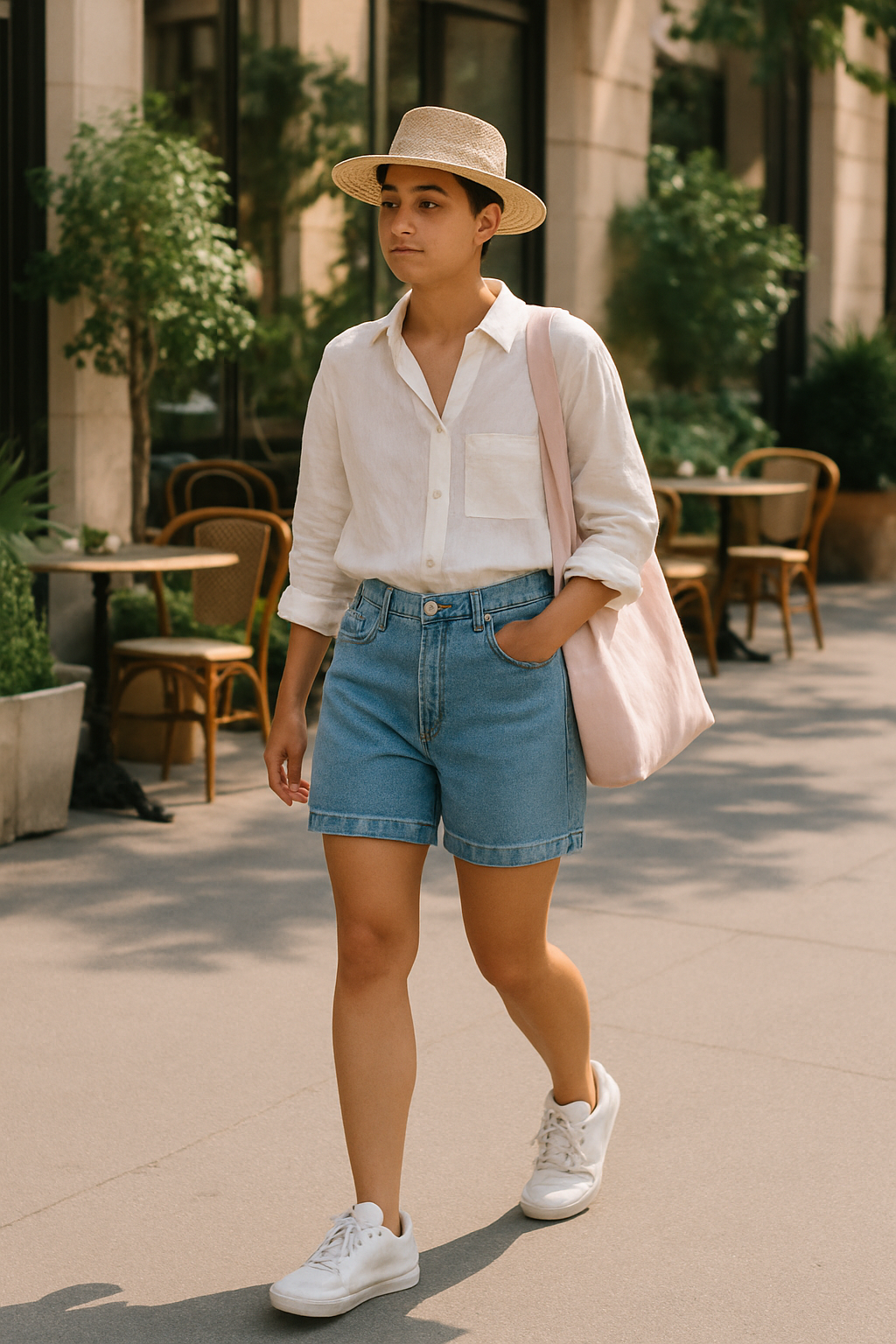 SKIPIKS AI 패션 화보 — casual, minimalist — 여유롭고 시원한 여름 캐주얼 룩을 완성했어요. 베이지 색상의 밀짚모자와 린넨 셔츠로 가벼운 무드를 연출하며, 데님 쇼츠가 활동성을 더해 줍니다.