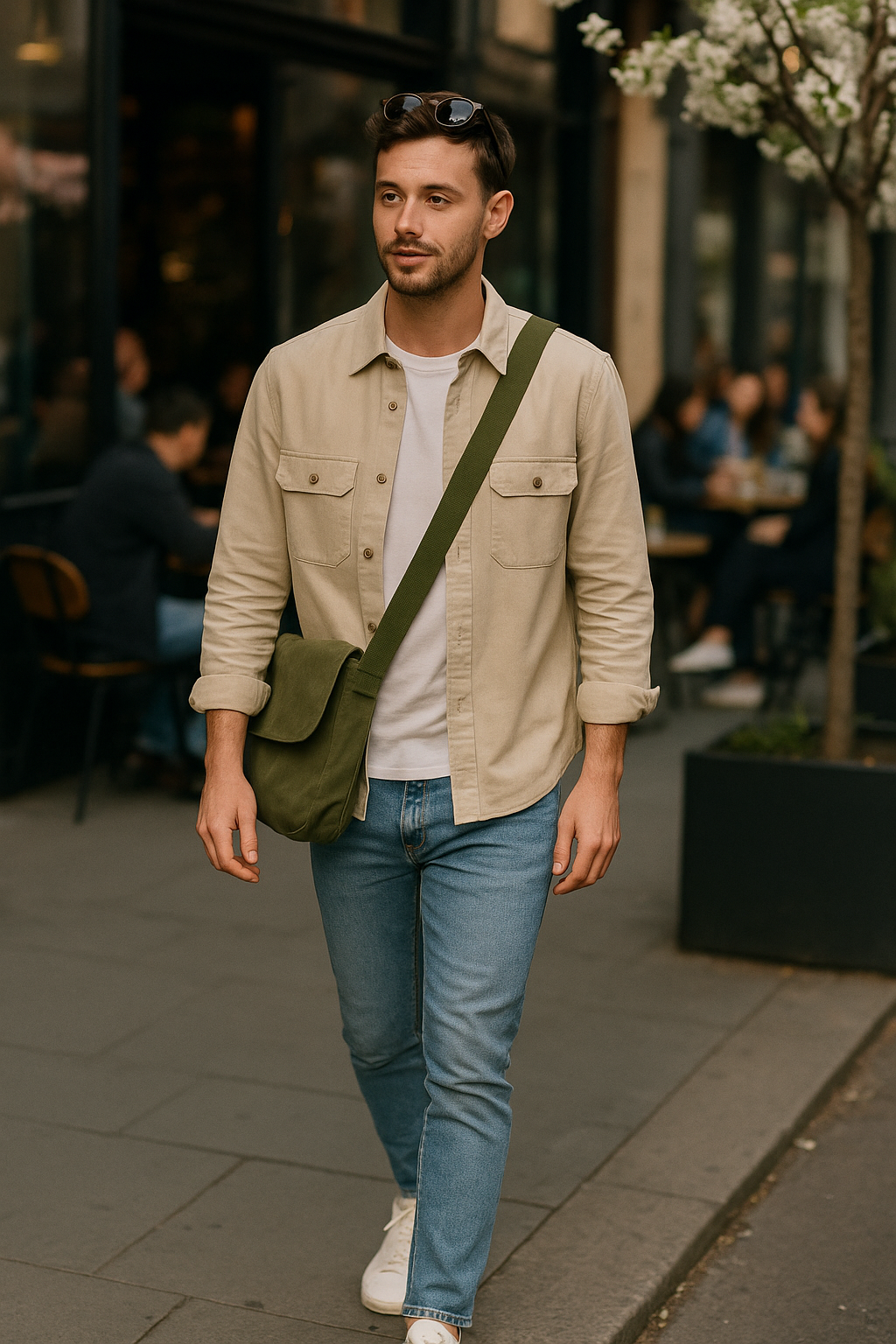 SKIPIKS AI fashion editorial — minimalist, casual — The beige shirt and white tee create a soft color combination for a relaxed vibe