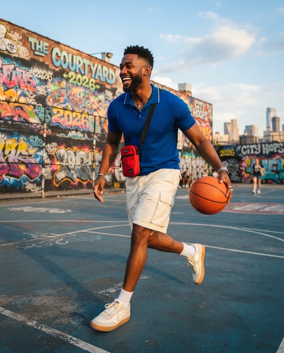 SKIPIKS AI fashion editorial — sporty, casual, streetwear — This vibrant blue polo shirt paired with beige cargo shorts creates a lively sum