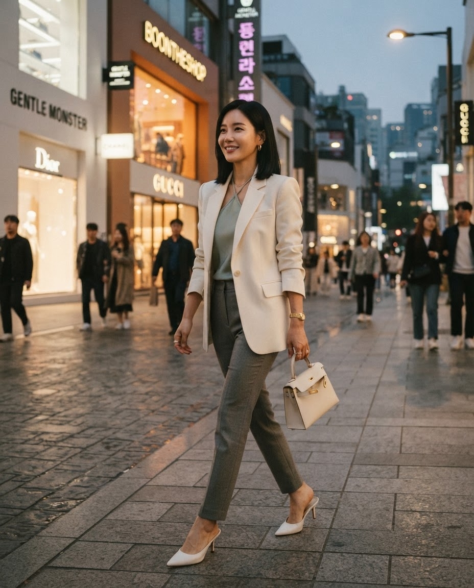 SKIPIKS AI时尚大片 — minimalist, chic — 用优雅的米色西装外套和淡雅的绿色上衣完成时尚的办公室造型。搭配灰色长裤和干净的白色高跟鞋，增添沉稳而智能的感觉。推荐在秋季的傍晚，适合城市中的优雅散步或社交聚会