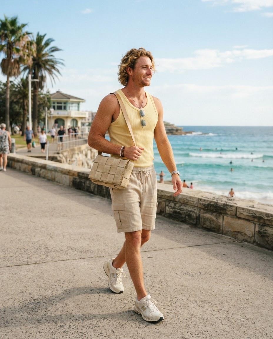 SKIPIKS AI fashion editorial — casual, beach, summer — A light yellow sleeveless shirt paired with beige cargo shorts creates a bright 