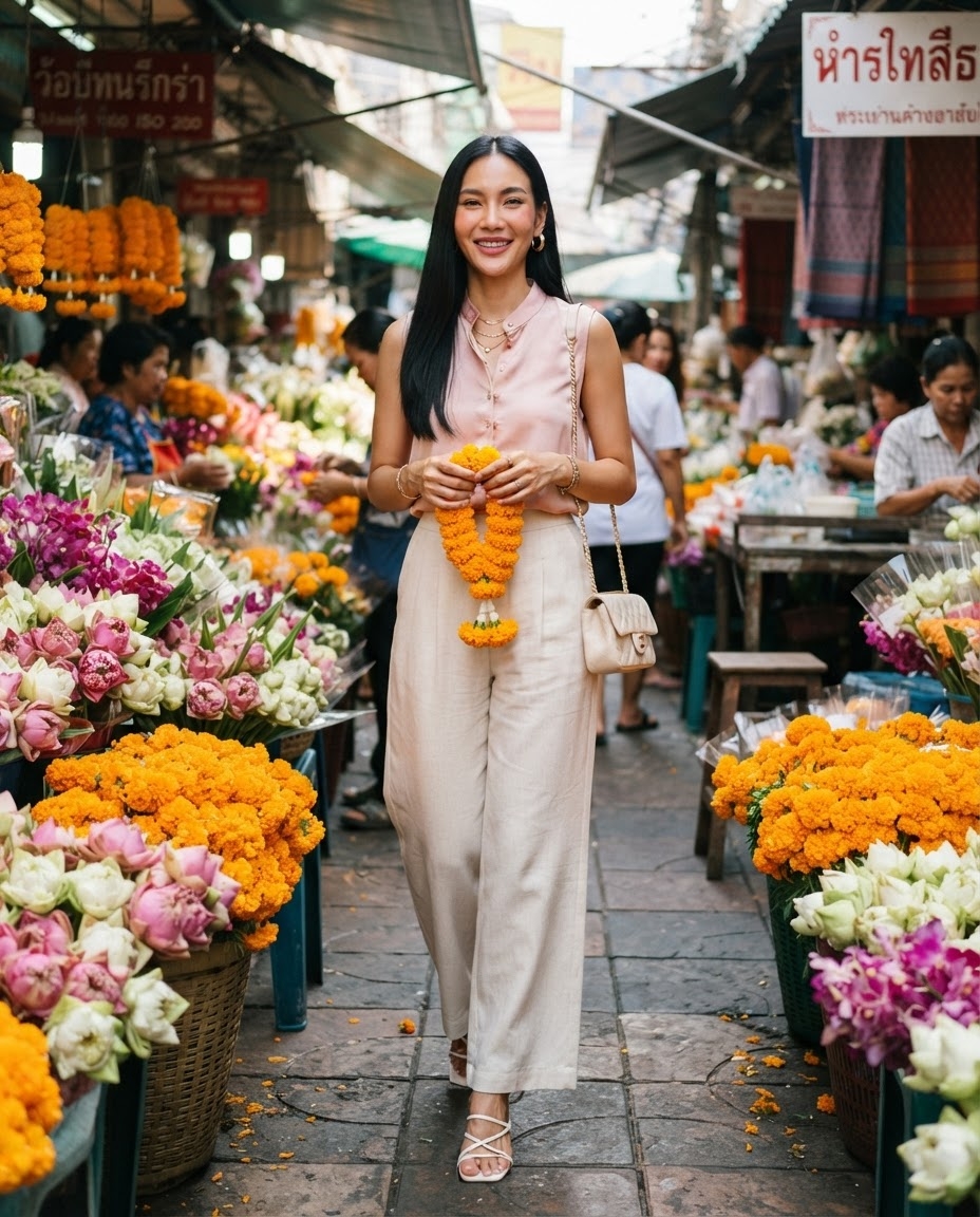 SKIPIKS AI时尚大片 — feminine, casual — 在绚丽的花市中，以柔和的粉色和米色的搭配增添自然浪漫的氛围。轻盈的无袖衬衫与宽松裤子的舒适组合，再加上金色配饰，完美呈现。这种搭配非常适合夏季日常穿搭或与朋友散