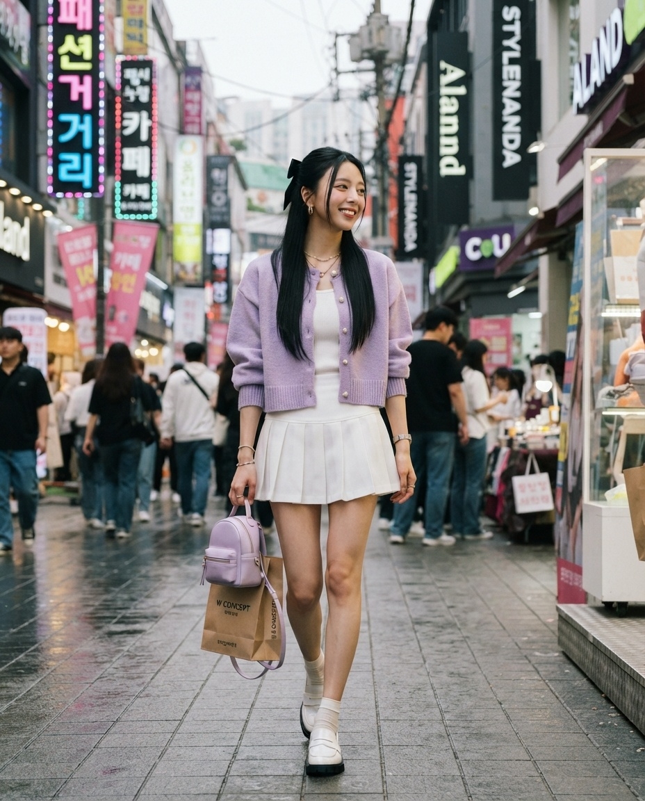 SKIPIKS AI 패션 화보 — feminine, streetwear — 라일락 컬러의 가디건과 화이트 플리츠 스커트의 조화가 로맨틱하고 발랄한 분위기를 연출해보세요. 백팩과 로퍼로 캐주얼한 느낌을 살리면 더욱 멋스러