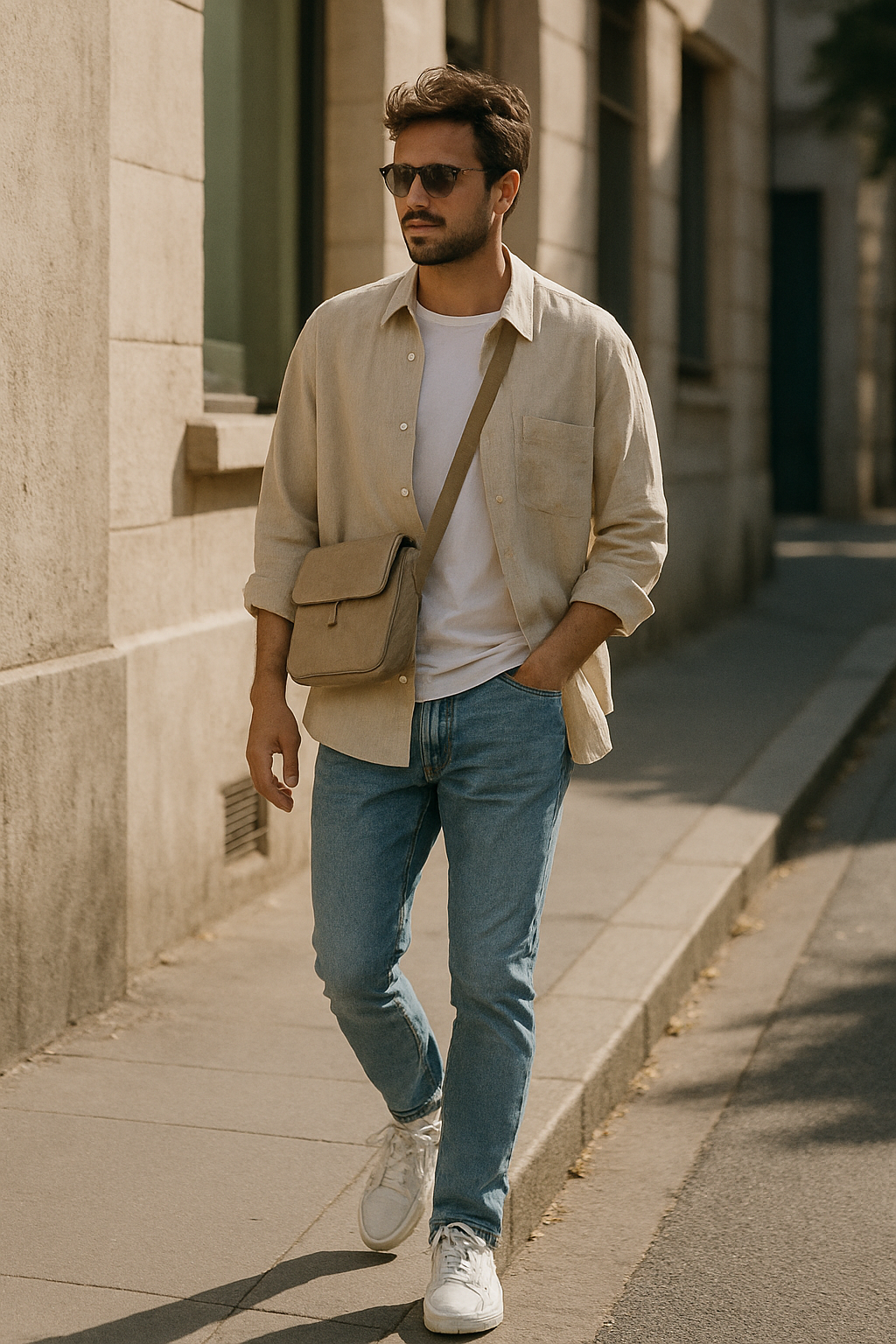 SKIPIKS AI fashion editorial — minimalist, casual — Pair a soft beige shirt with jeans for a clean and approachable look. Complete t