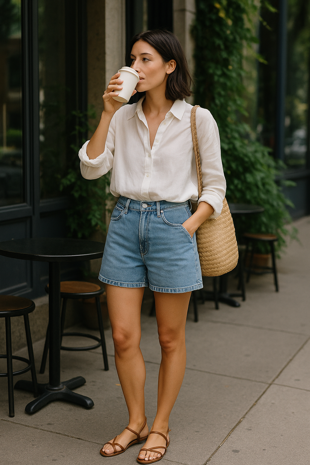 SKIPIKS AI fashion editorial — casual, minimalist — The combination of a bright, fresh white shirt and denim shorts creates a lively