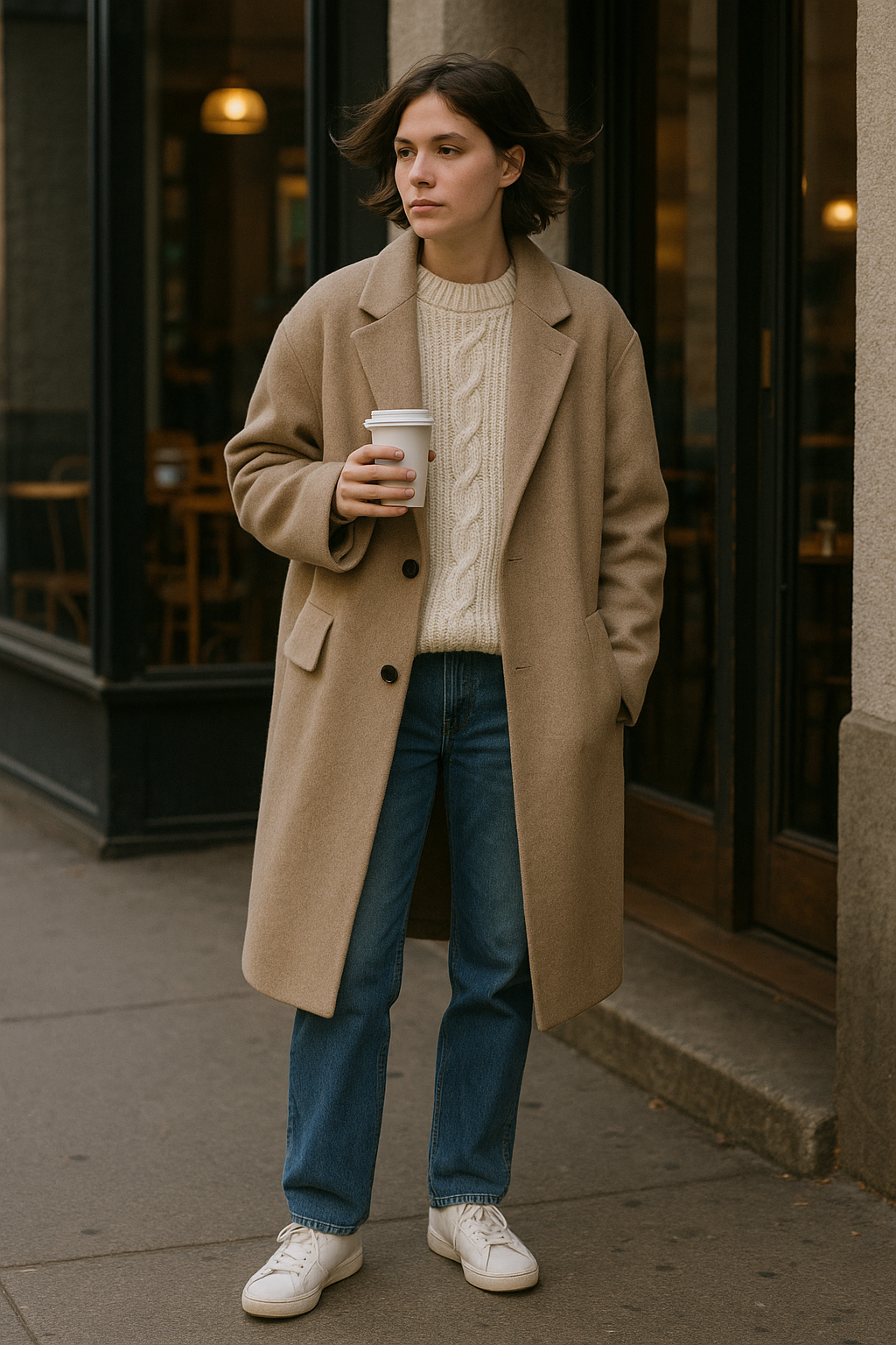 SKIPIKS AI时尚大片 — minimalist, casual — 米色外套和奶油色针织毛衣的搭配营造出温暖而简约的氛围。搭配牛仔裤和白色运动鞋，轻松打造日常造型。非常适合轻松外出或在咖啡馆享受悠闲时光。