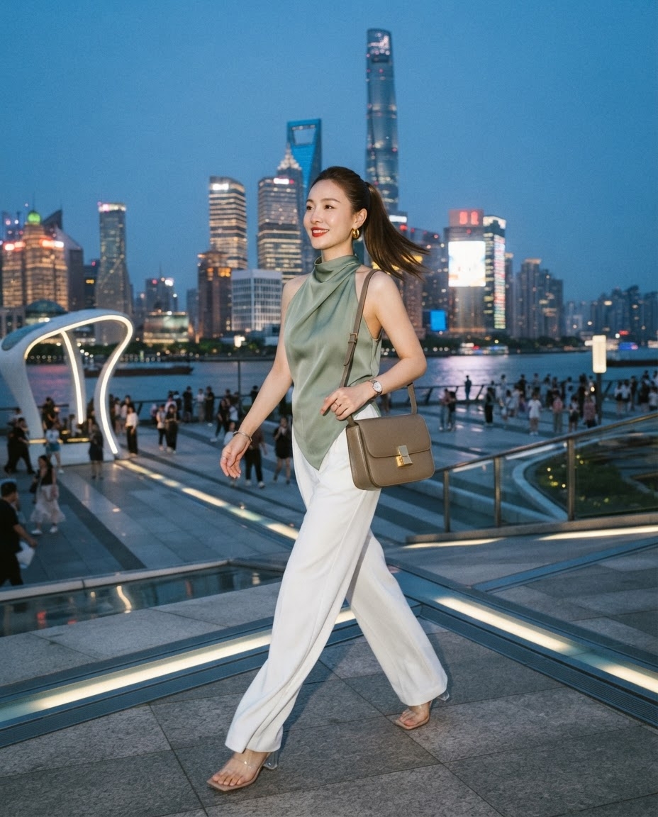 SKIPIKS AI fashion editorial — chic, sophisticated — The urban vibe of the mint blouse paired with white slacks creates a chic harmon